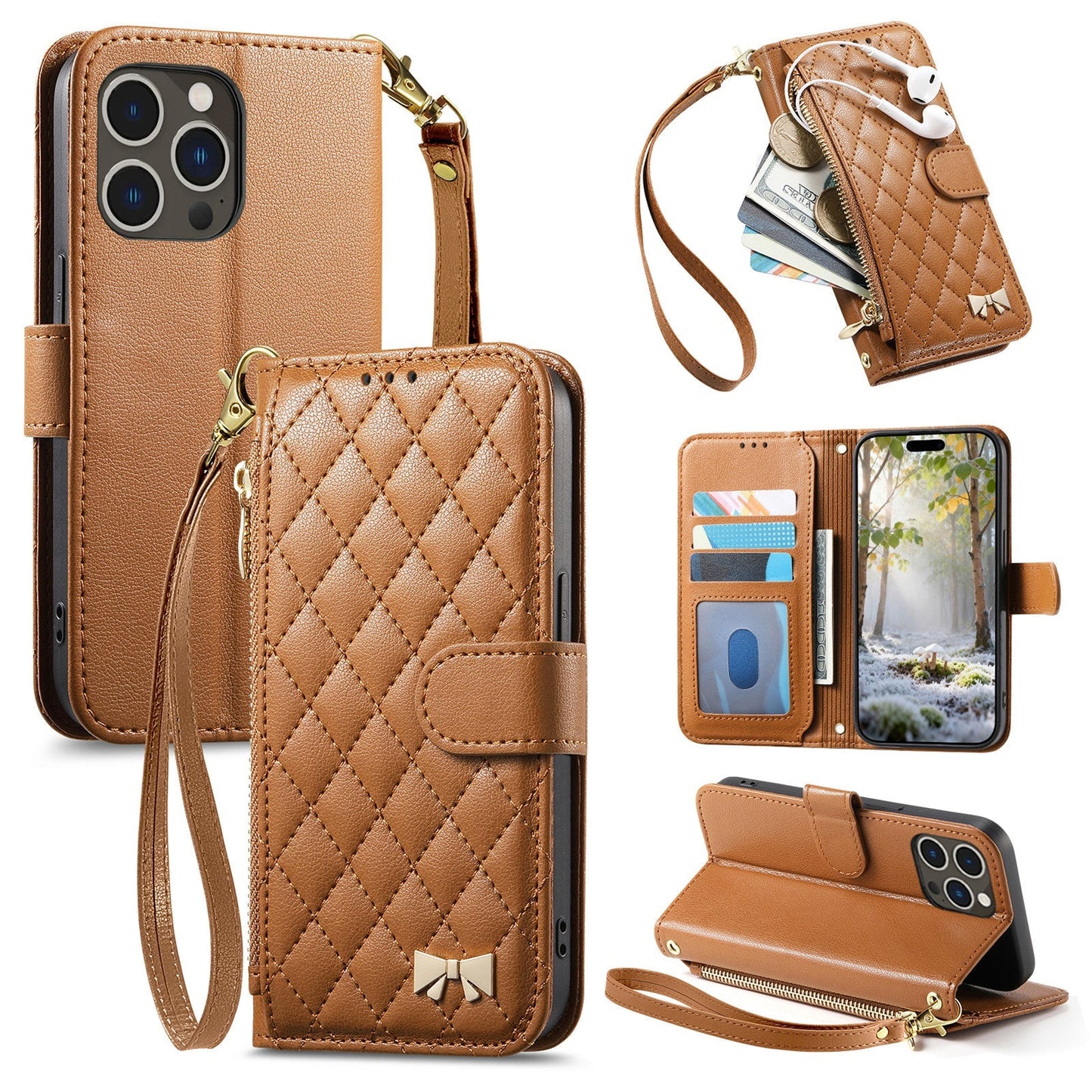 Elegant Diamond Quilted Leather Phone Wallet Case for iPhone 15 Pro Max