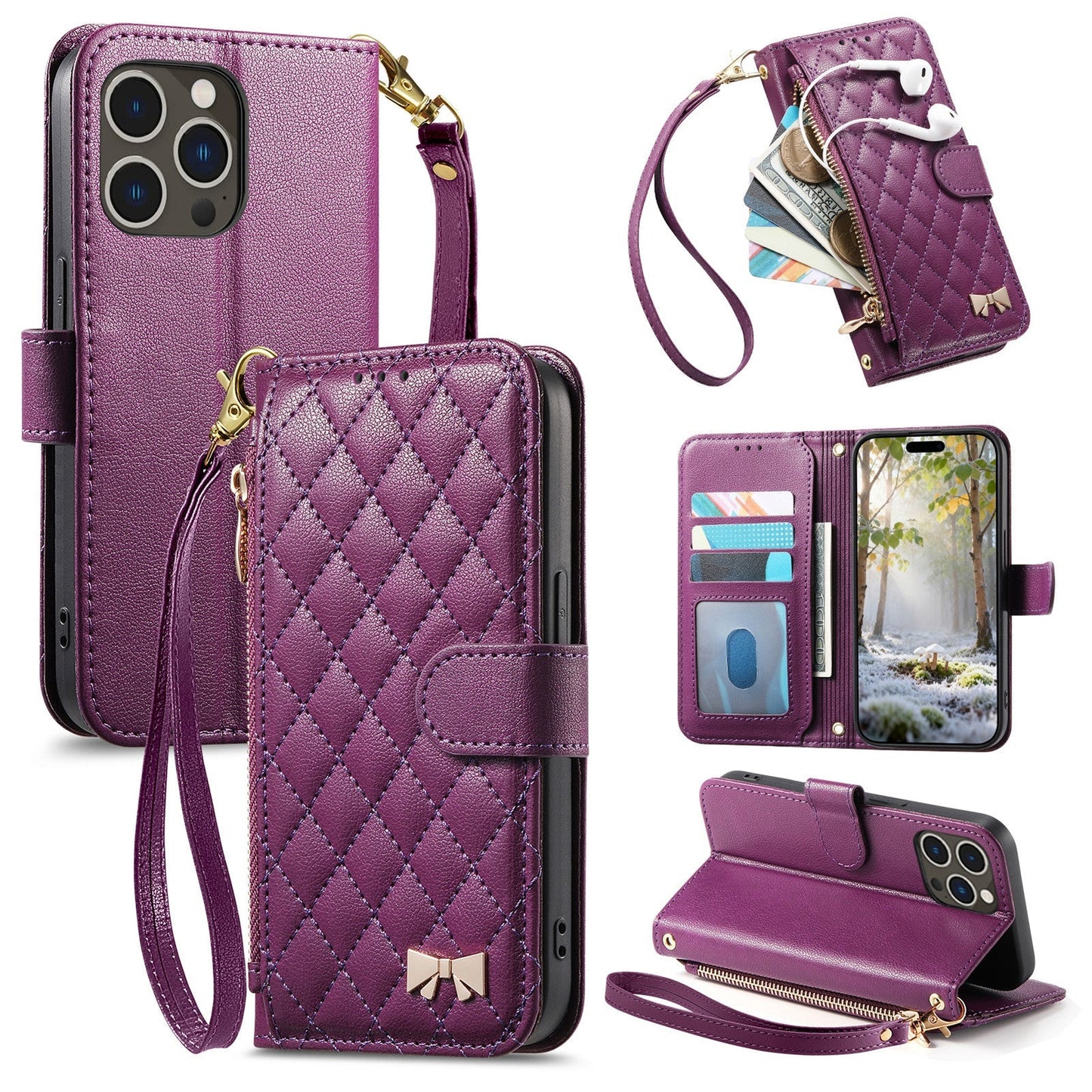 Elegant Diamond Quilted Leather Phone Wallet Case for iPhone 13 Pro