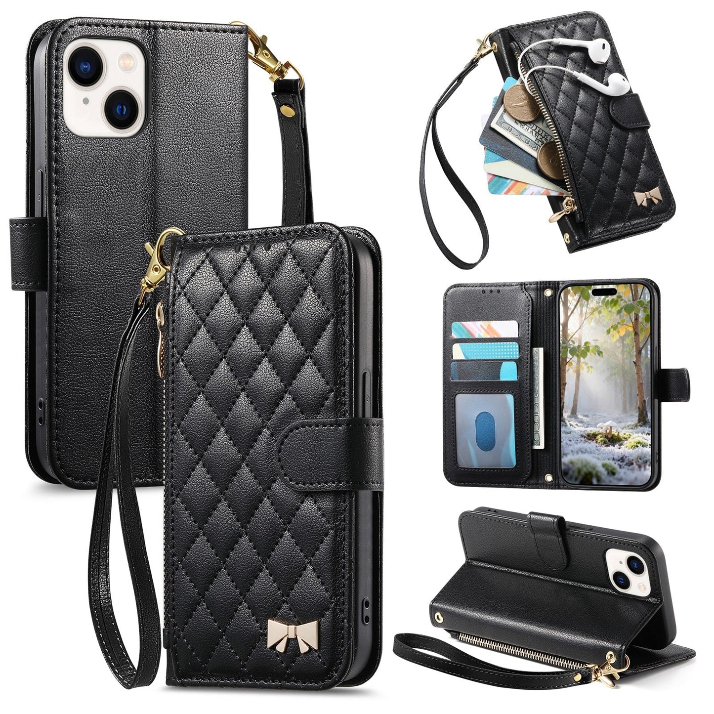 Elegant Diamond Quilted Leather Phone Wallet Case for iPhone 14 Plus
