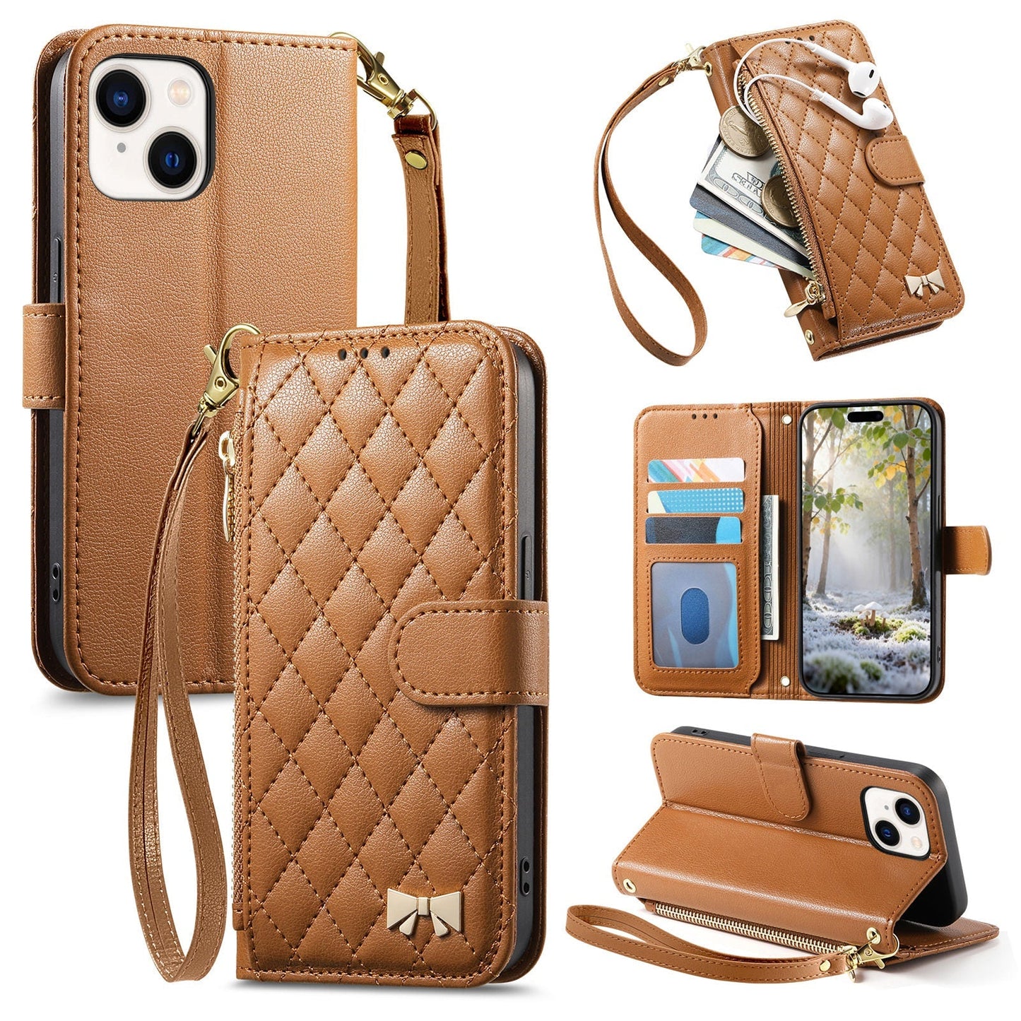 Elegant Diamond Quilted Leather Phone Wallet Case for iPhone 14