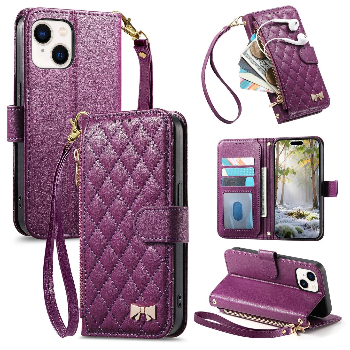 Elegant Diamond Quilted Leather Phone Wallet Case for iPhone 14