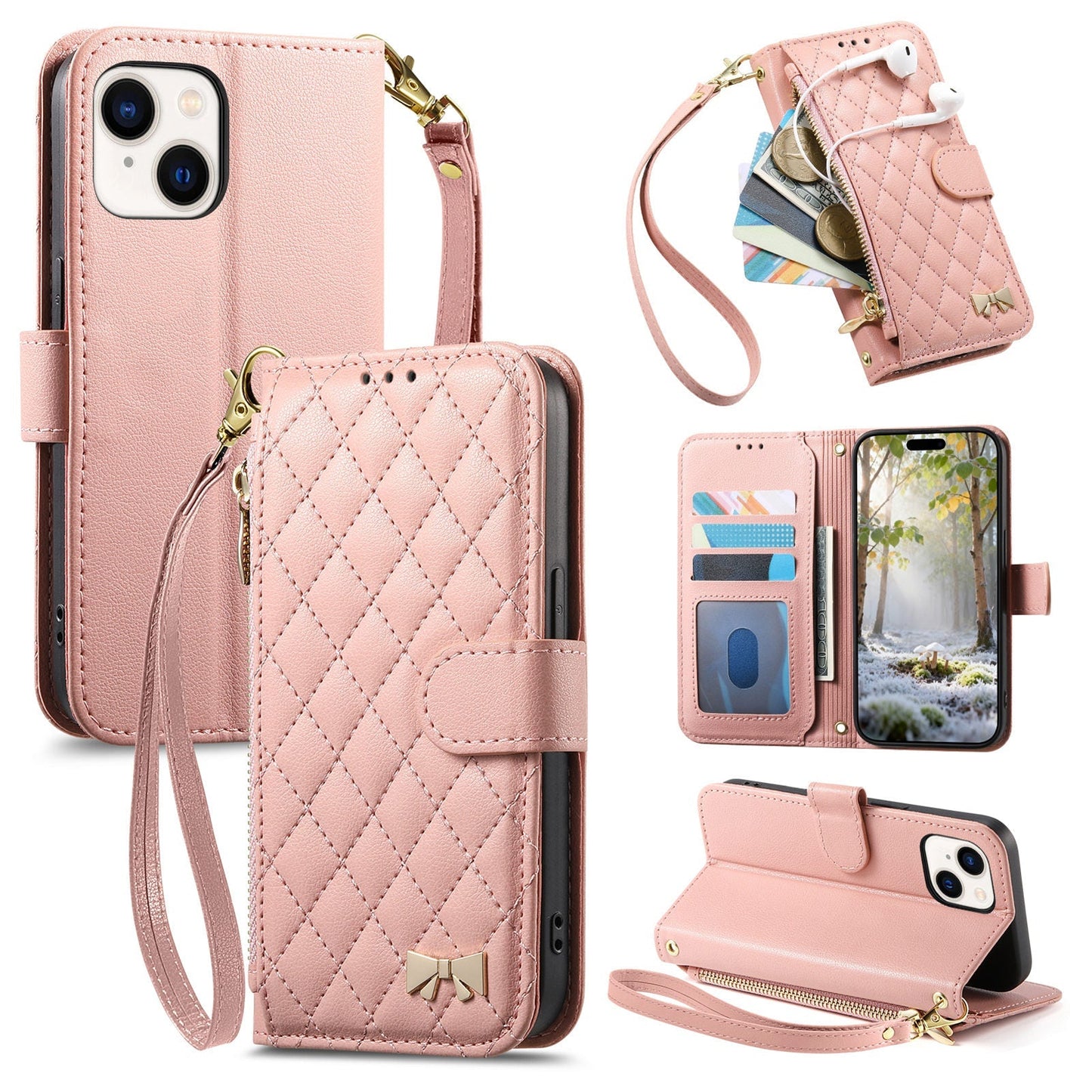 Elegant Diamond Quilted Leather Phone Wallet Case for iPhone 14