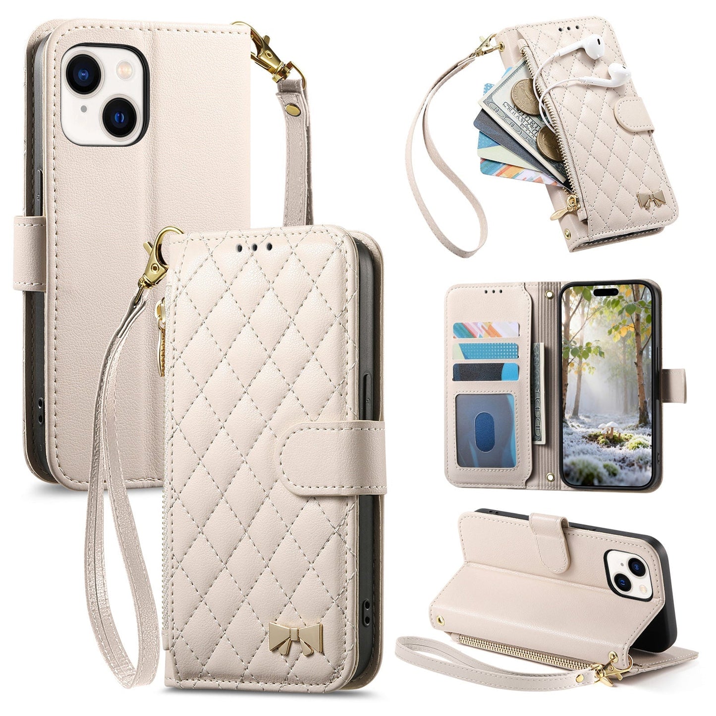 Elegant Diamond Quilted Leather Phone Wallet Case for iPhone 13