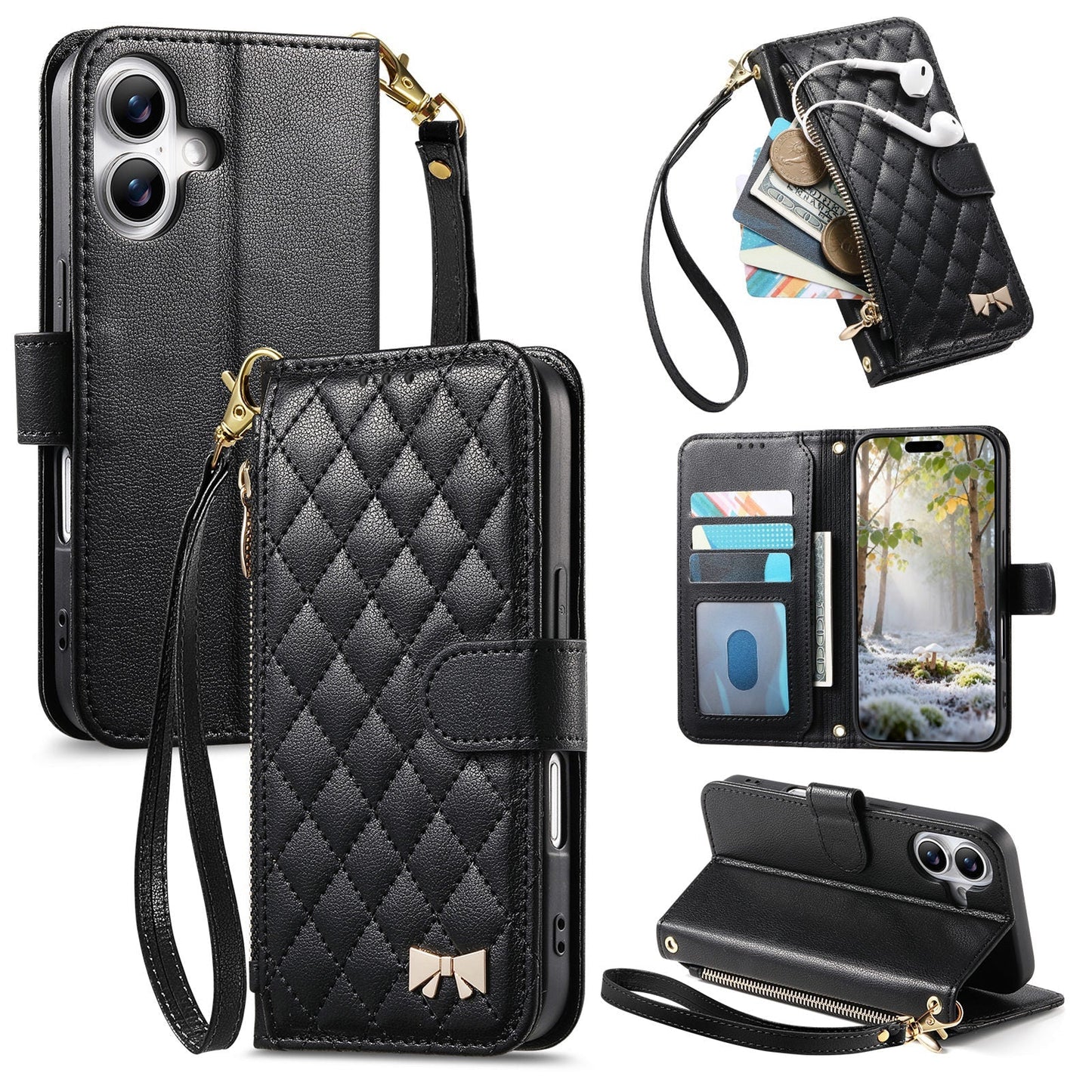 Elegant Diamond Quilted Leather Phone Wallet Case for iPhone 16e