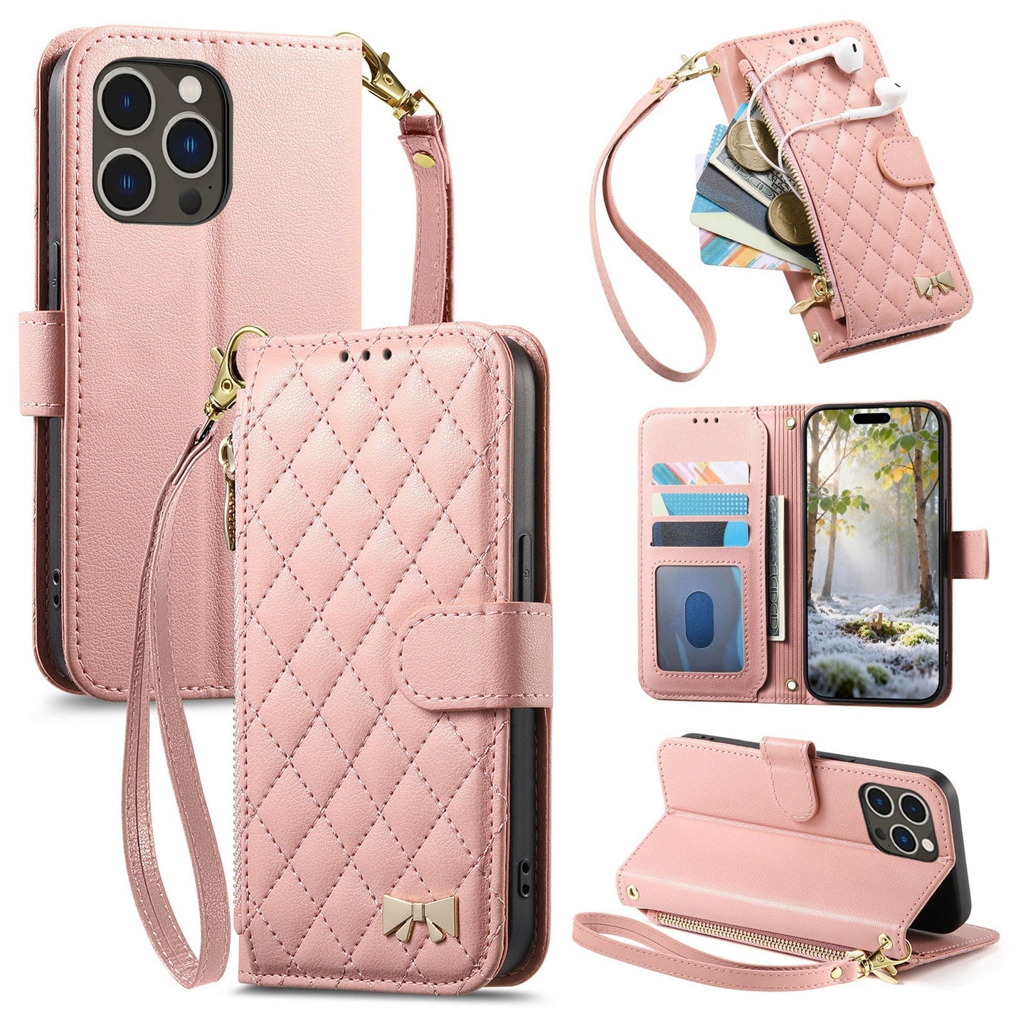 Elegant Diamond Quilted Leather Phone Wallet Case for iPhone 16 Pro Max