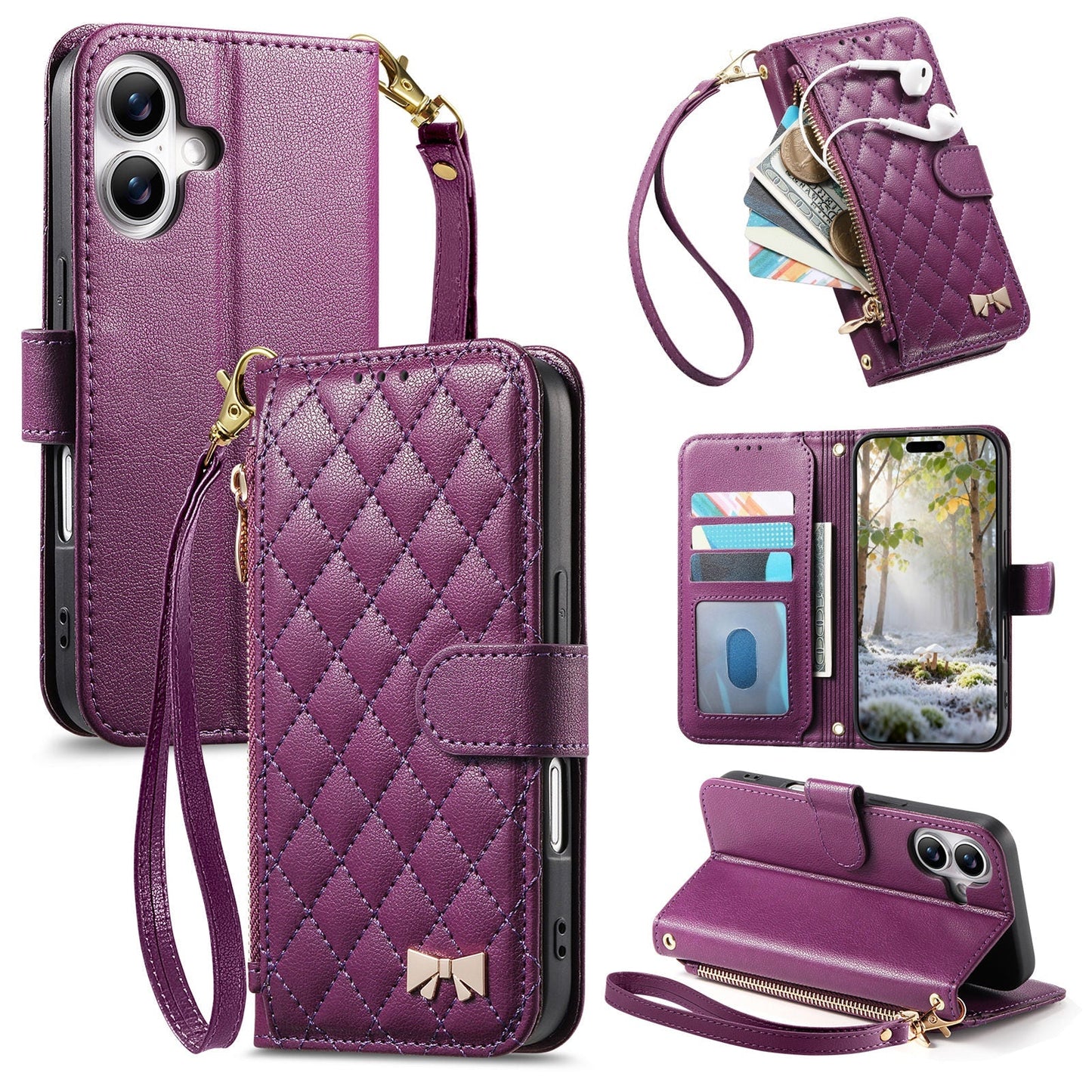 Elegant Diamond Quilted Leather Phone Wallet Case for iPhone 17