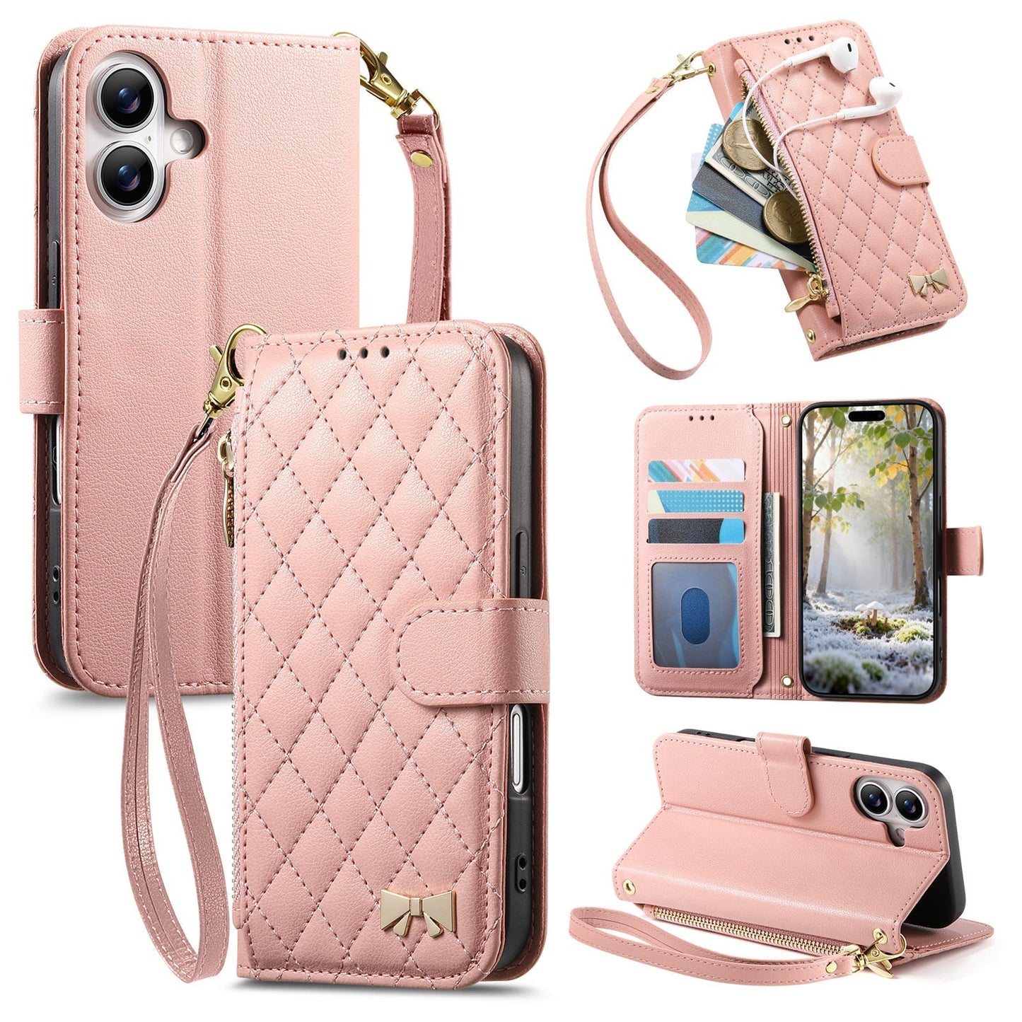 Elegant Diamond Quilted Leather Phone Wallet Case for iPhone 17