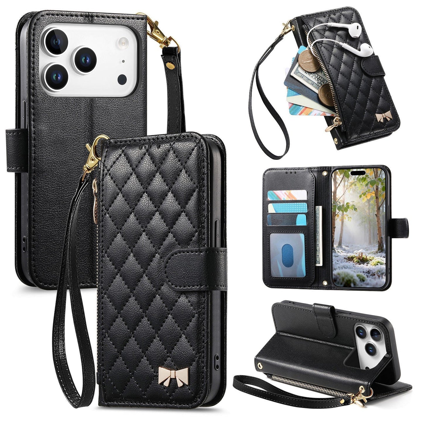 Elegant Diamond Quilted Leather Phone Wallet Case for iPhone 17 Pro Max