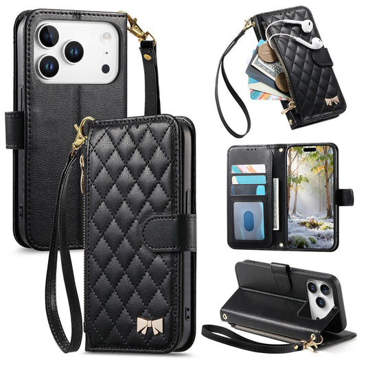 Elegant Diamond Quilted Leather Phone Wallet Case for iPhone 17 Pro