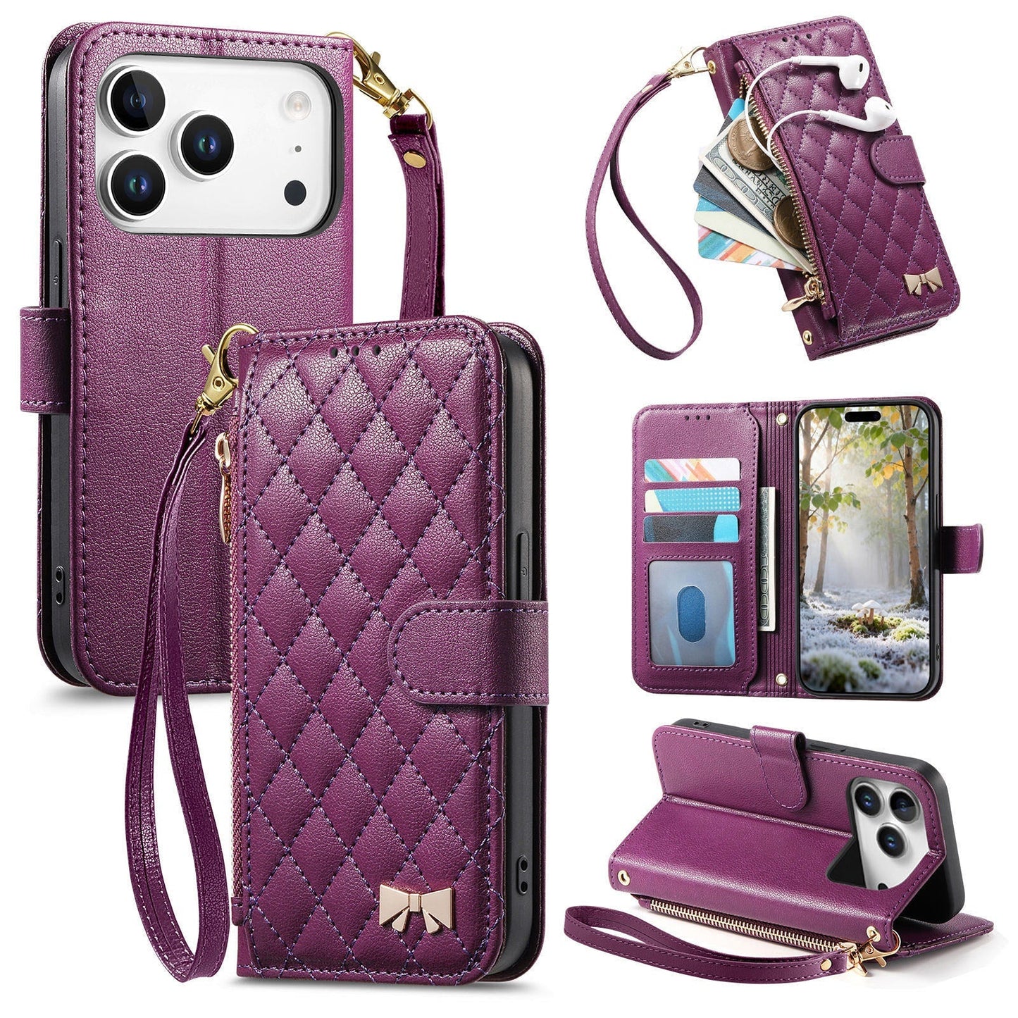 Elegant Diamond Quilted Leather Phone Wallet Case for iPhone 17 Pro
