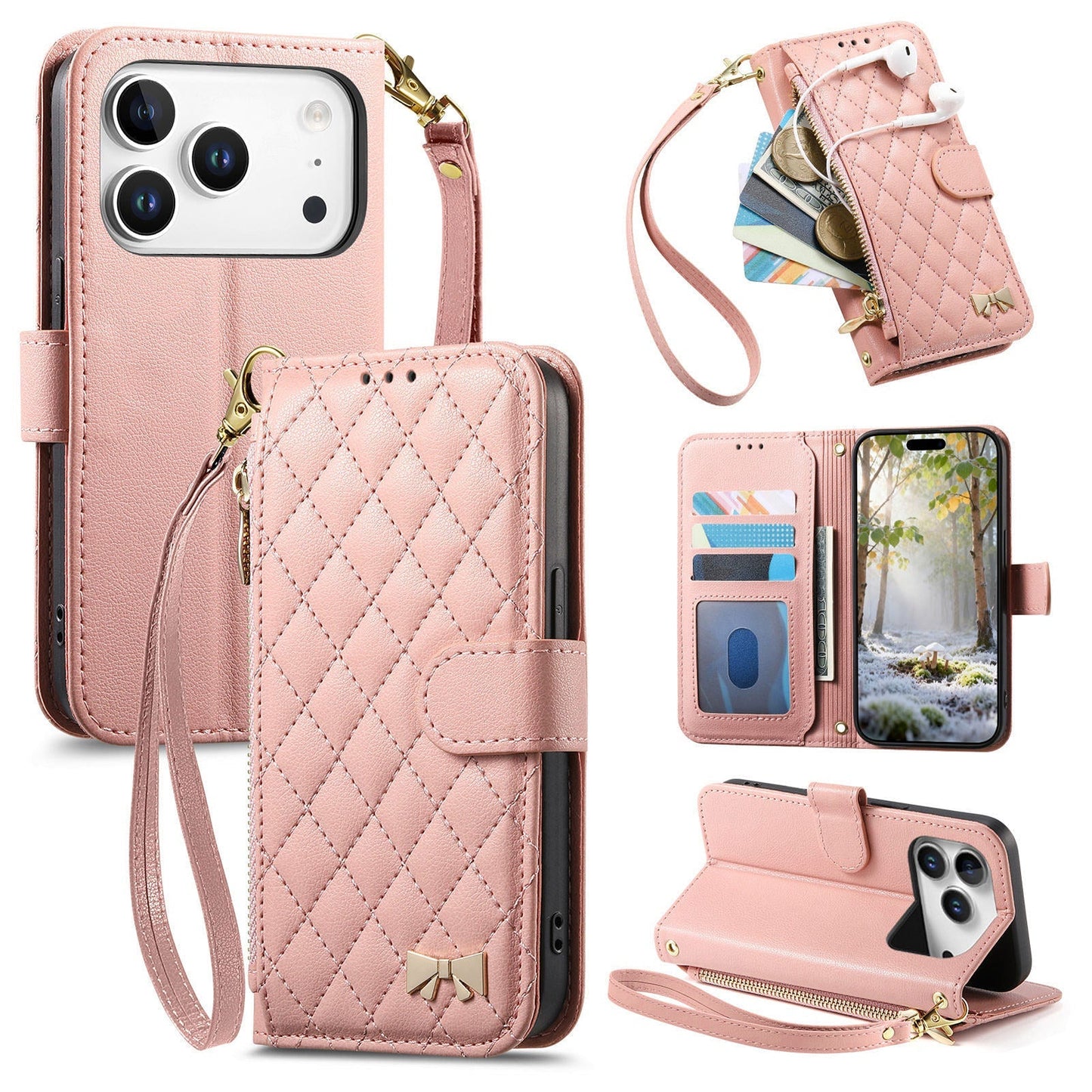 Elegant Diamond Quilted Leather Phone Wallet Case for iPhone 17 Pro