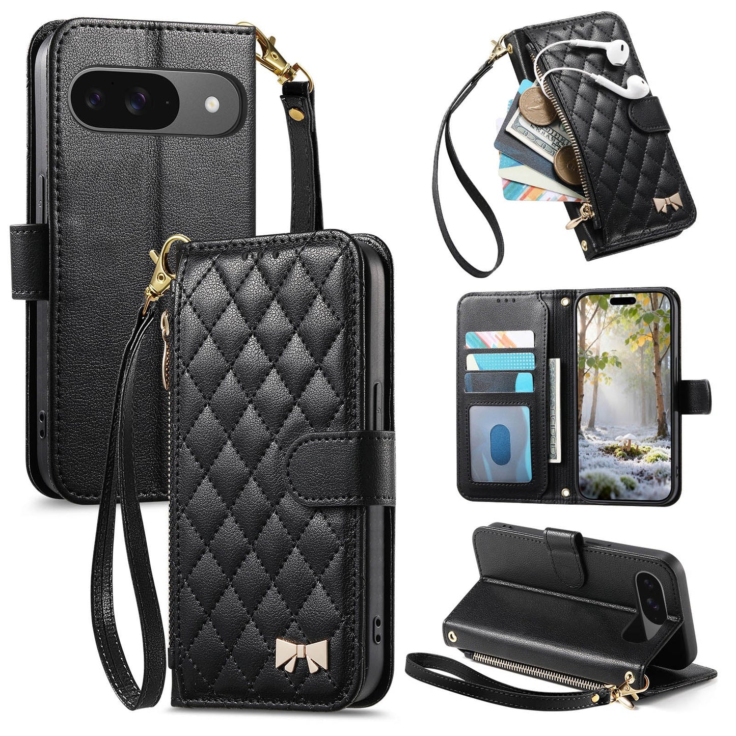 Elegant Diamond Quilted Leather Phone Wallet Case for Pixel 9 Pro XL