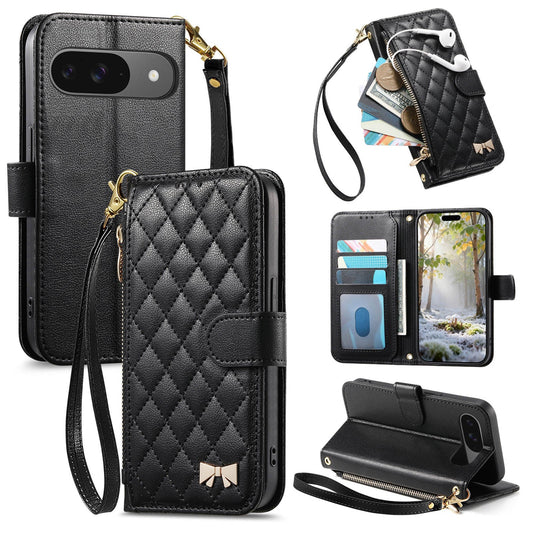 Elegant Diamond Quilted Leather Phone Wallet Case for Pixel 9 Pro XL