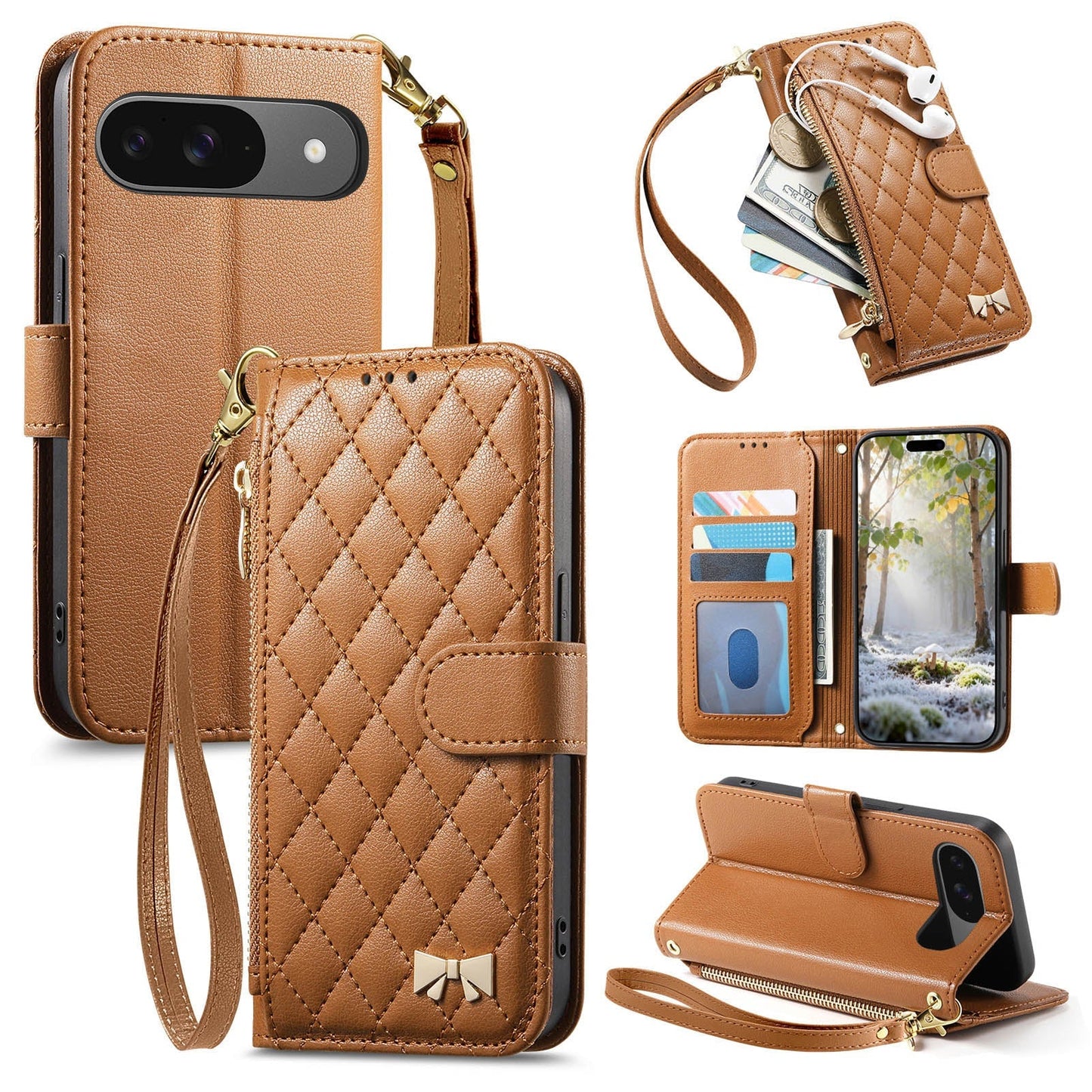Elegant Diamond Quilted Leather Phone Wallet Case for Pixel 9 Pro