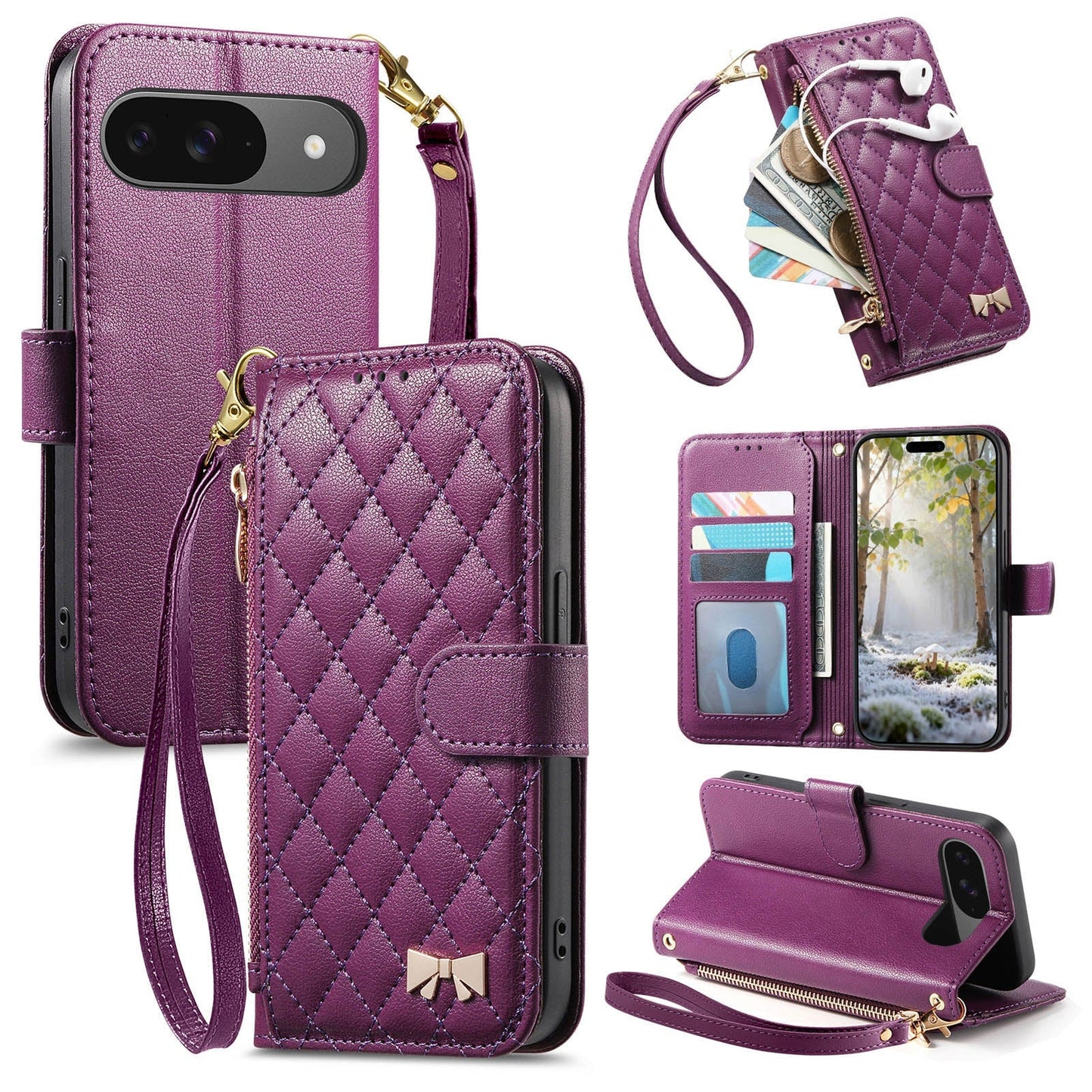 Elegant Diamond Quilted Leather Phone Wallet Case for Pixel 9 Pro