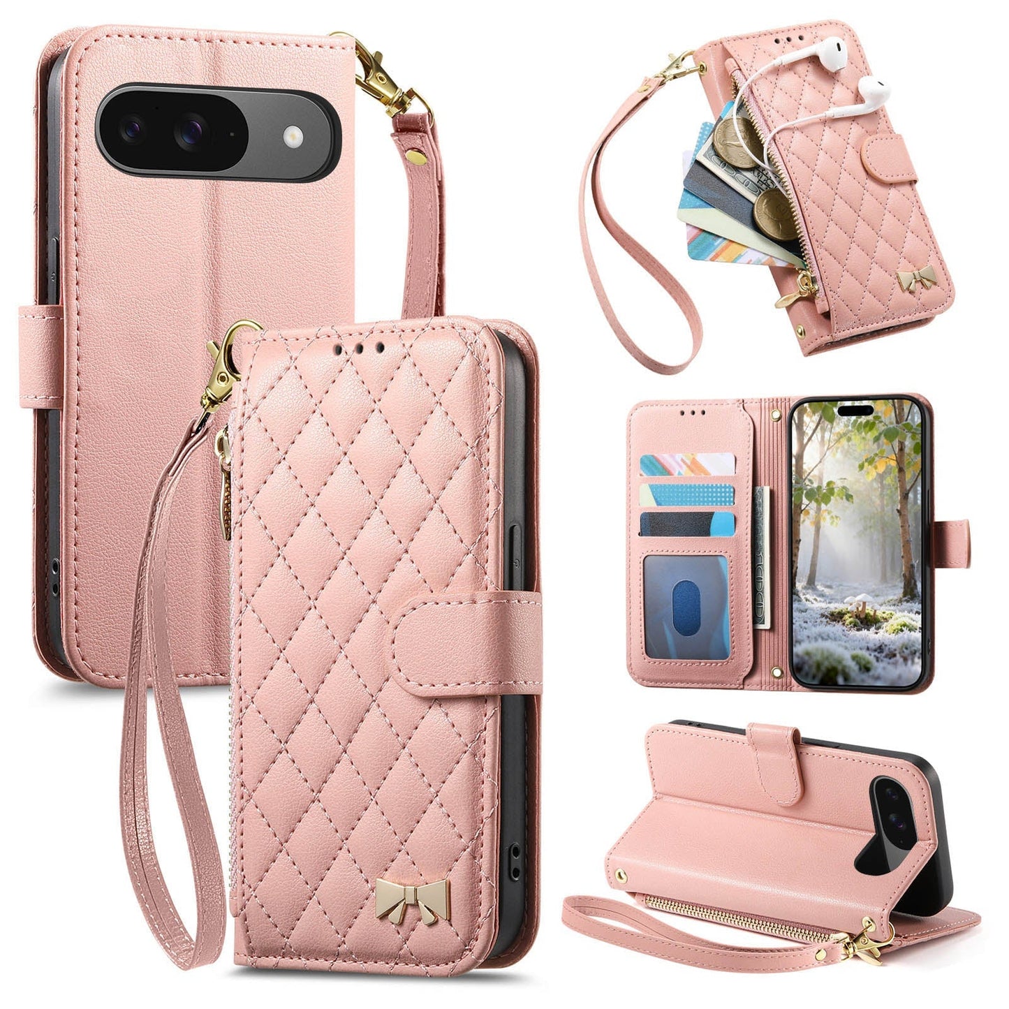 Elegant Diamond Quilted Leather Phone Wallet Case for Pixel 9 Pro XL