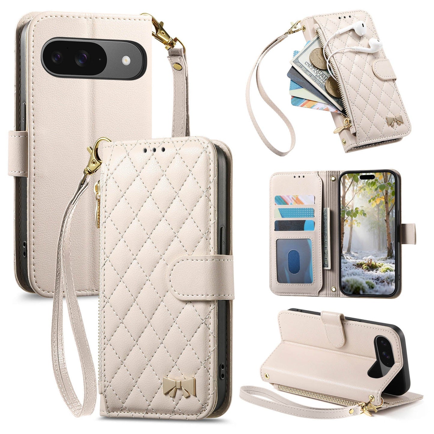 Elegant Diamond Quilted Leather Phone Wallet Case for Pixel 9 Pro XL
