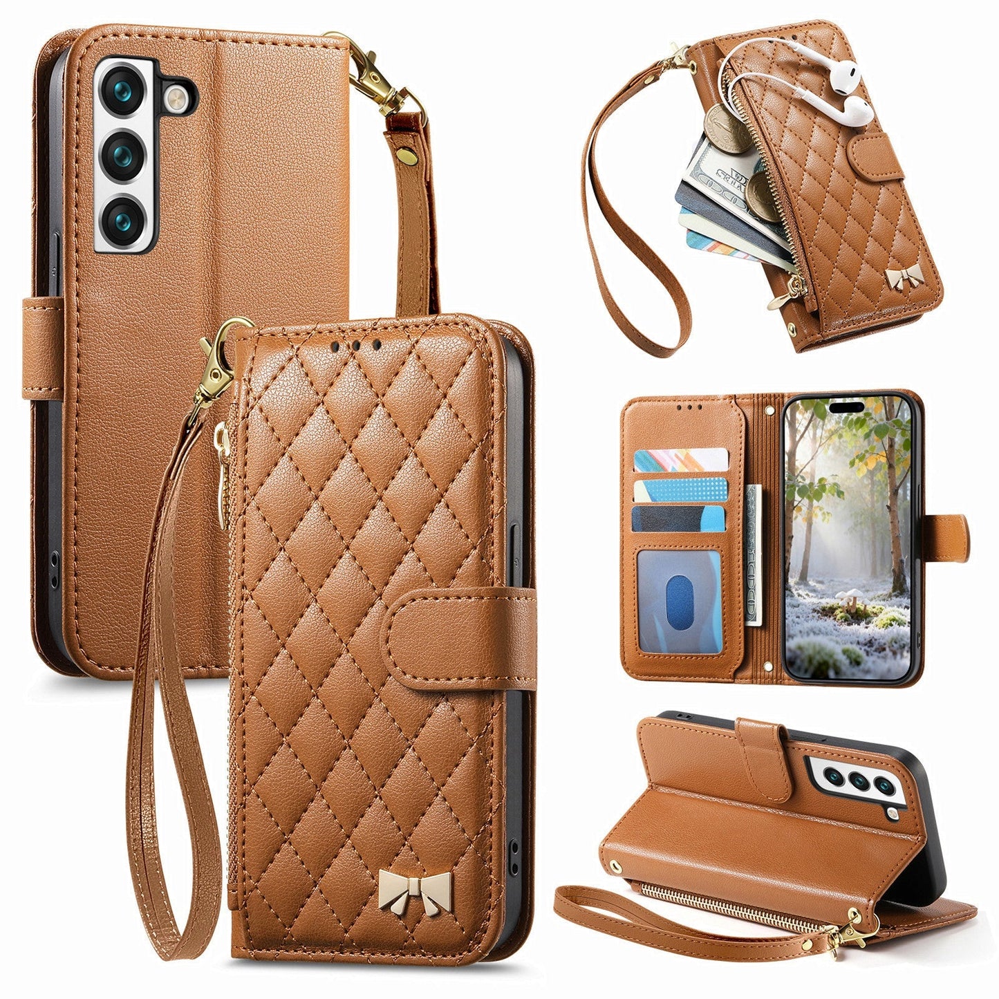 Elegant Diamond Quilted Leather Phone Wallet Case for Samsung Galaxy S22+