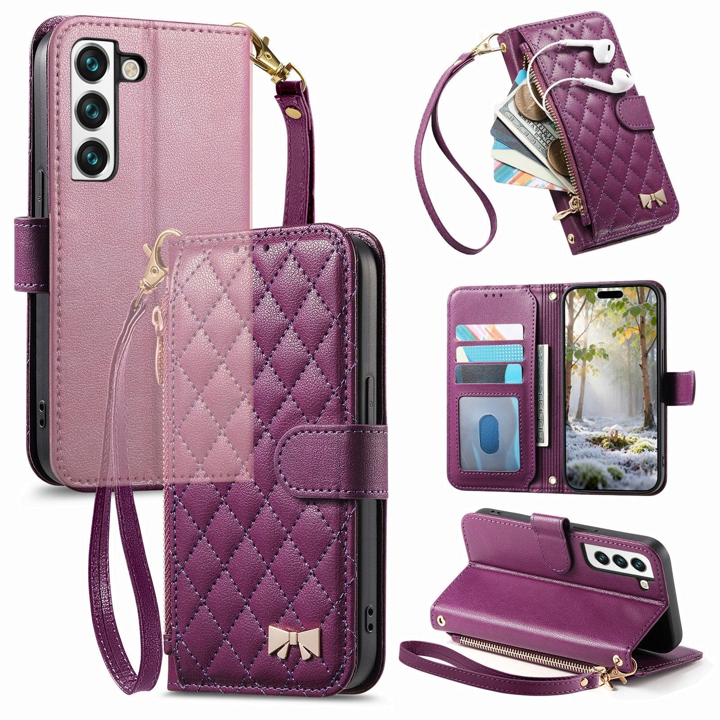 Elegant Diamond Quilted Leather Phone Wallet Case for Samsung Galaxy S22