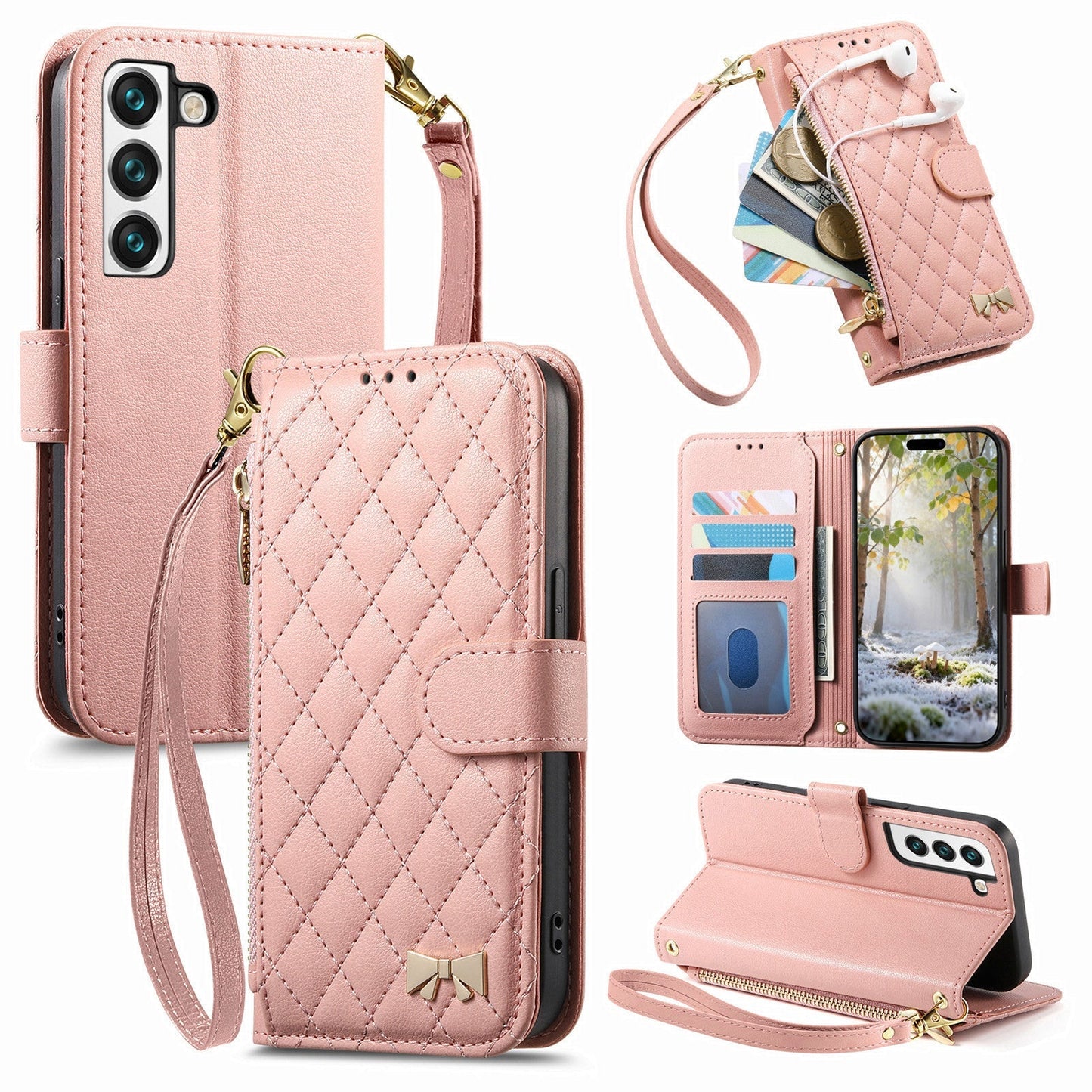 Elegant Diamond Quilted Leather Phone Wallet Case for Samsung Galaxy S22