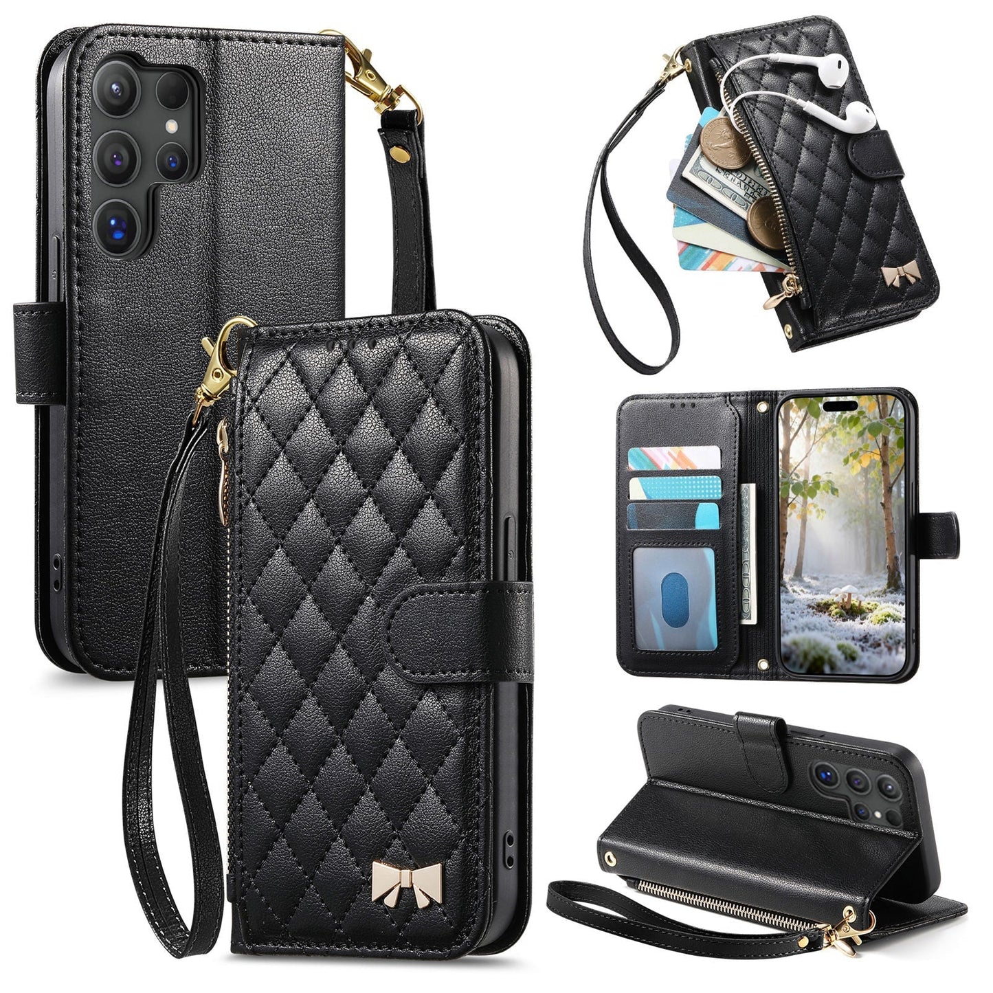 Elegant Diamond Quilted Leather Phone Wallet Case for Samsung Galaxy S22 Ultra