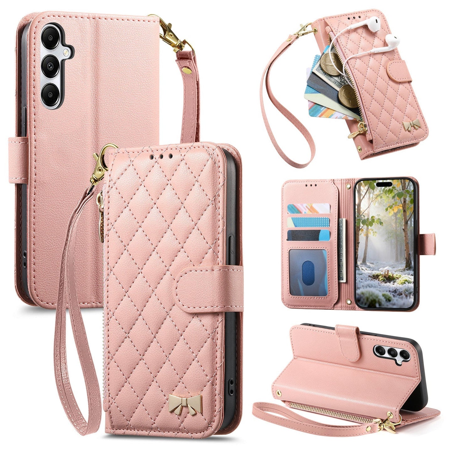 Elegant Diamond Quilted Leather Phone Wallet Case for Samsung Galaxy A14