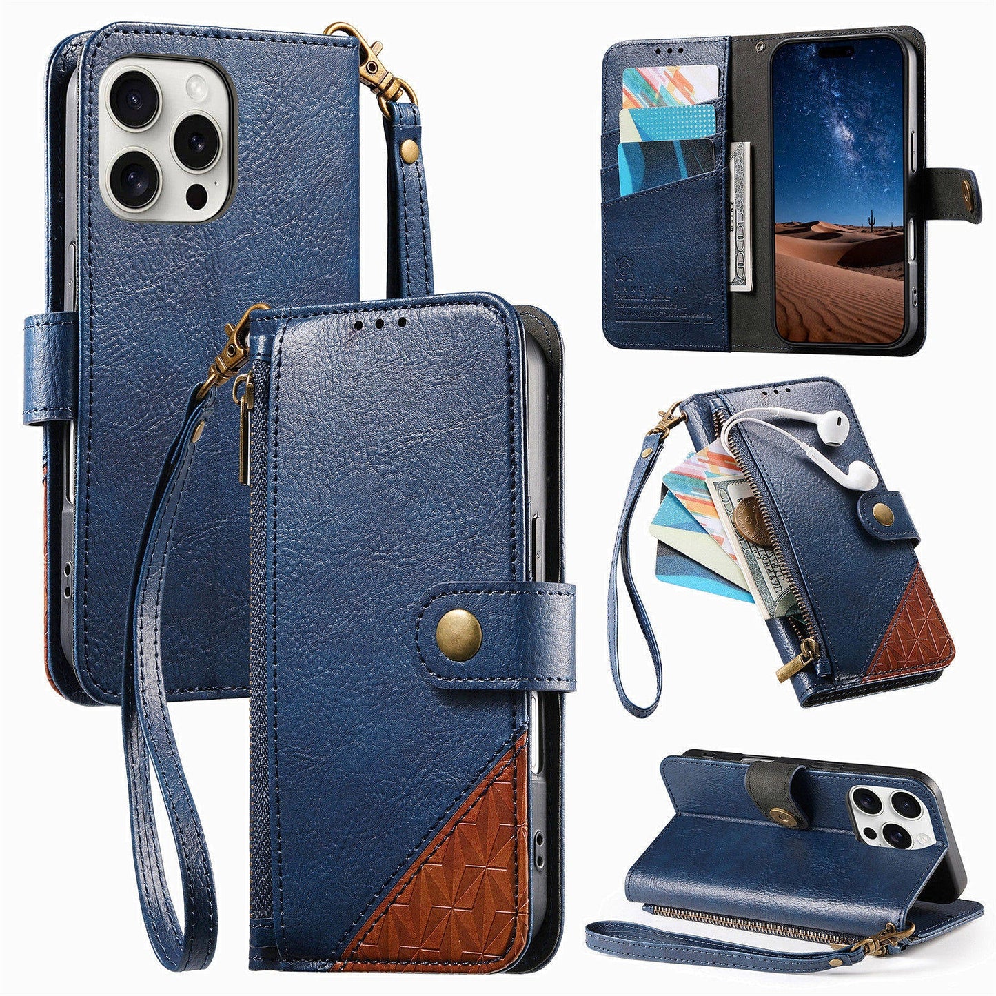 Color-Blocked Shockproof Premium Wallet Leather Phone Case for iPhone 11 Pro