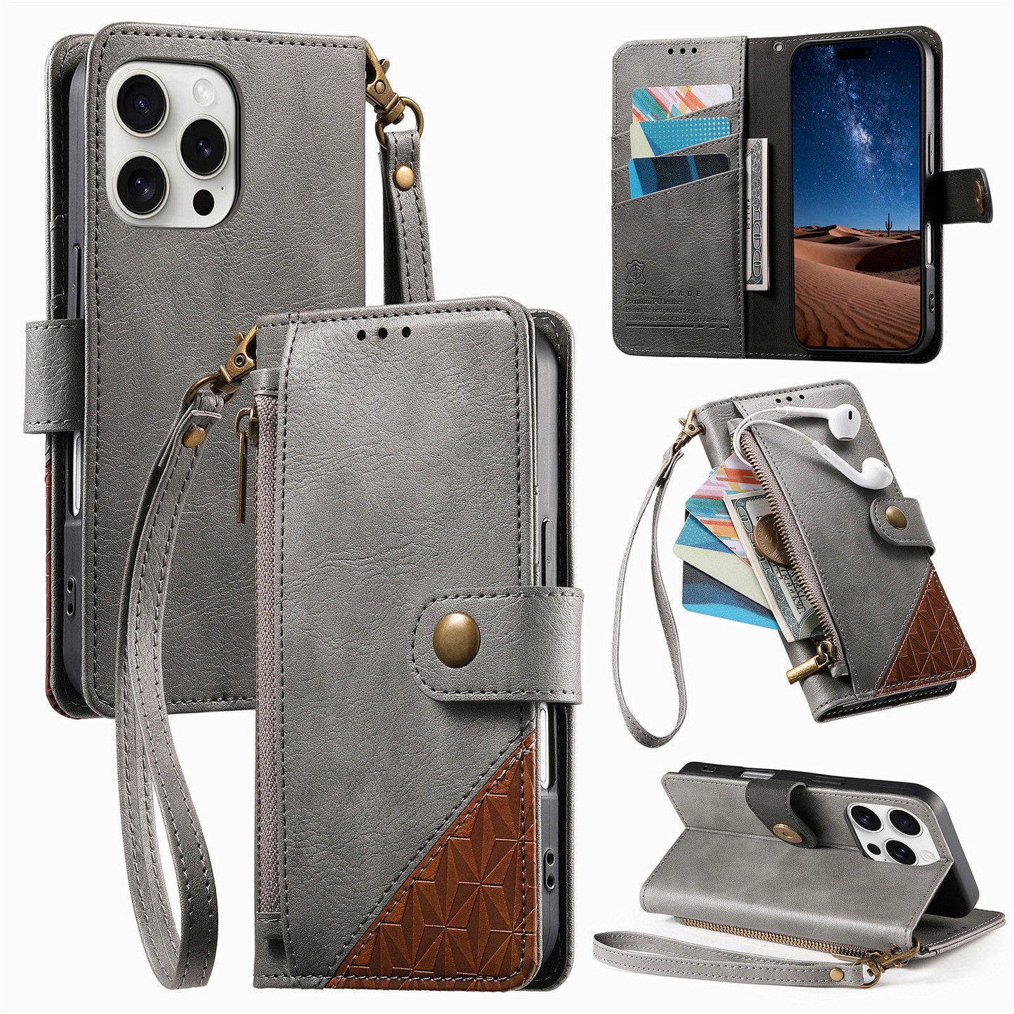 Color-Blocked Shockproof Premium Wallet Leather Phone Case for iPhone 12 Pro