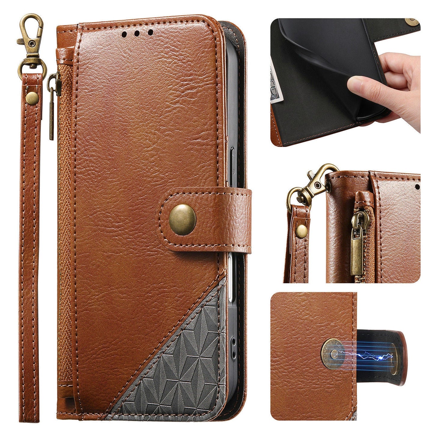 Color-Blocked Shockproof Premium Wallet Leather Phone Case for iPhone 12