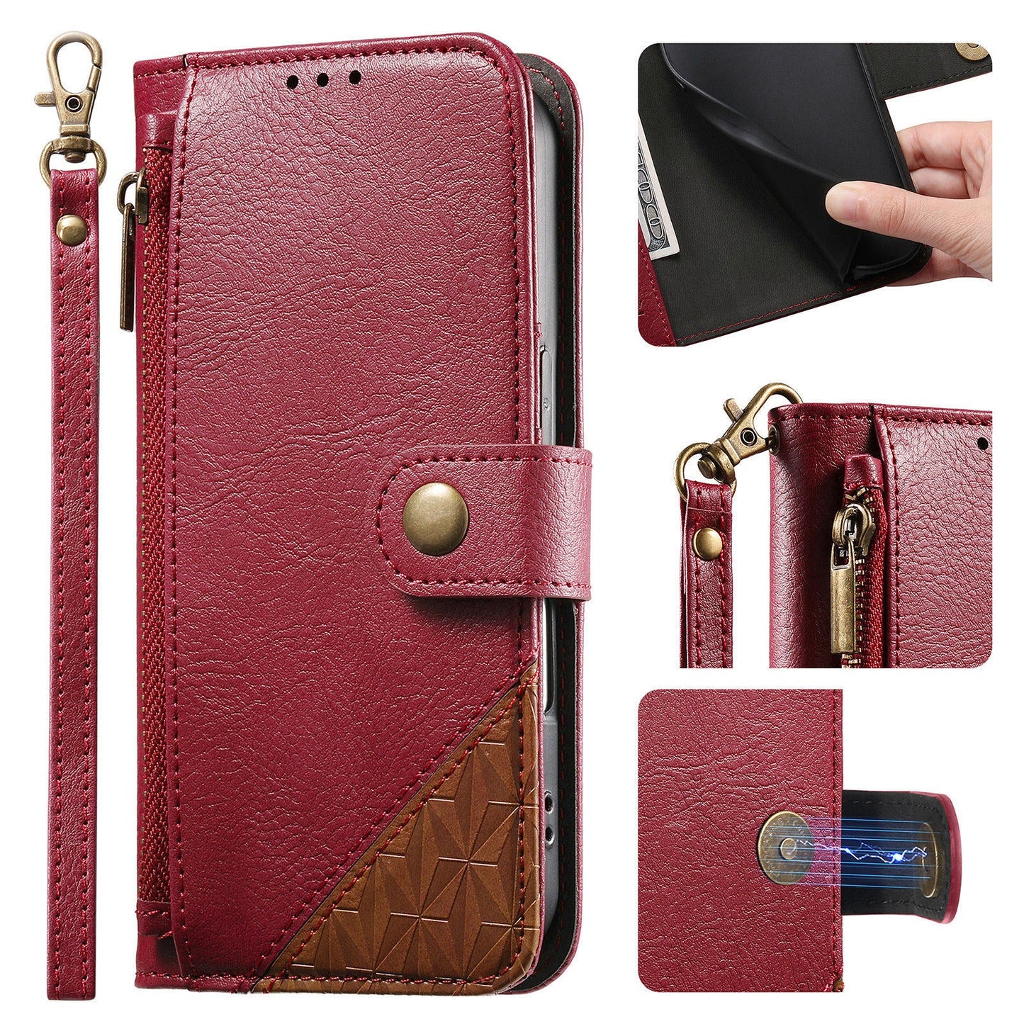 Color-Blocked Shockproof Premium Wallet Leather Phone Case for iPhone 12 Mini