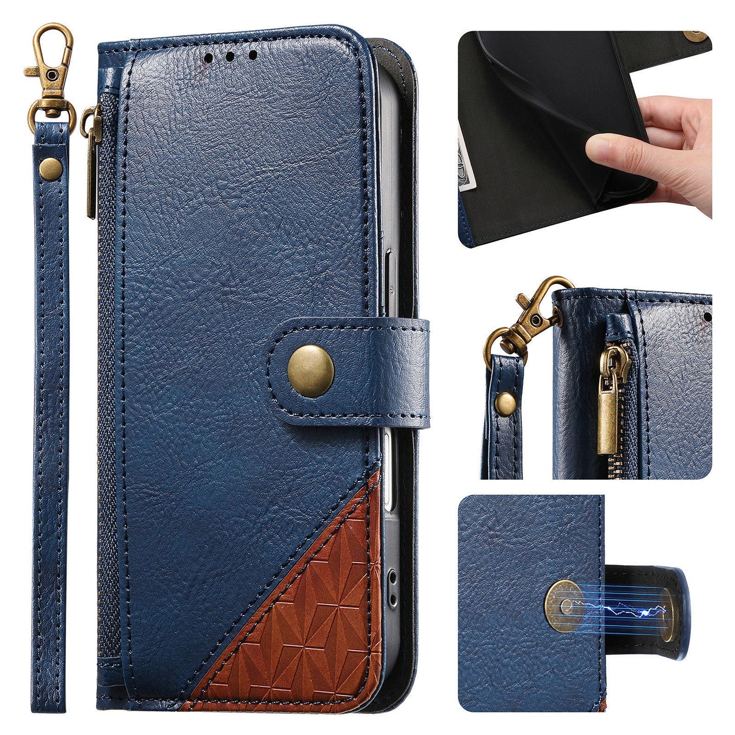 Color-Blocked Shockproof Premium Wallet Leather Phone Case for iPhone 12 Mini