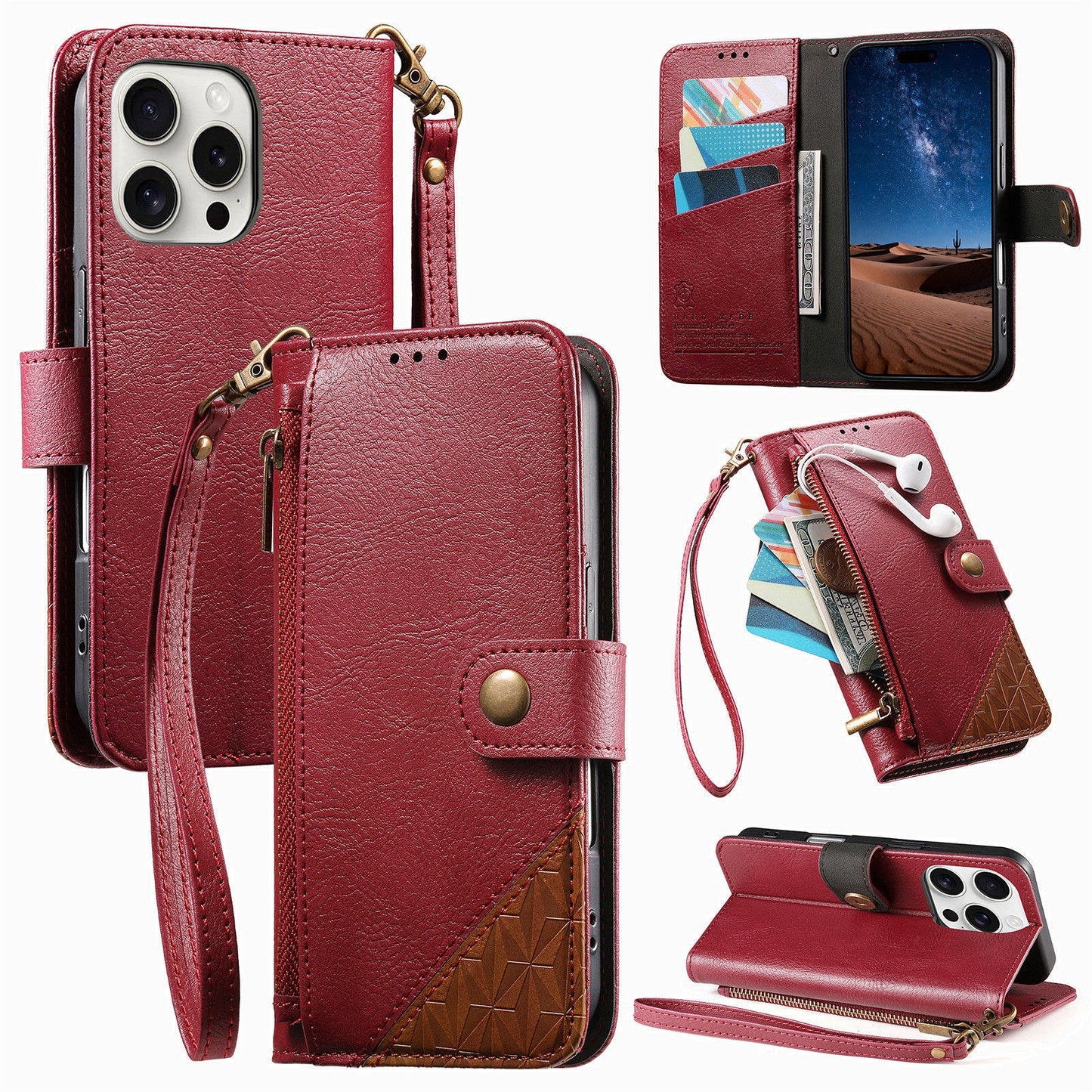 Color-Blocked Shockproof Premium Wallet Leather Phone Case for iPhone 13 Pro Max