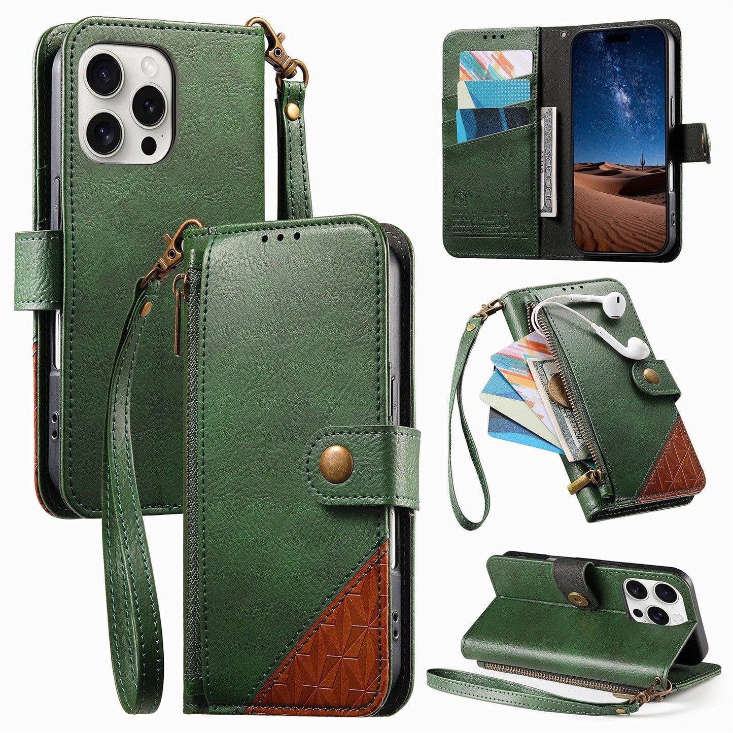 Color-Blocked Shockproof Premium Wallet Leather Phone Case for iPhone 13 Pro