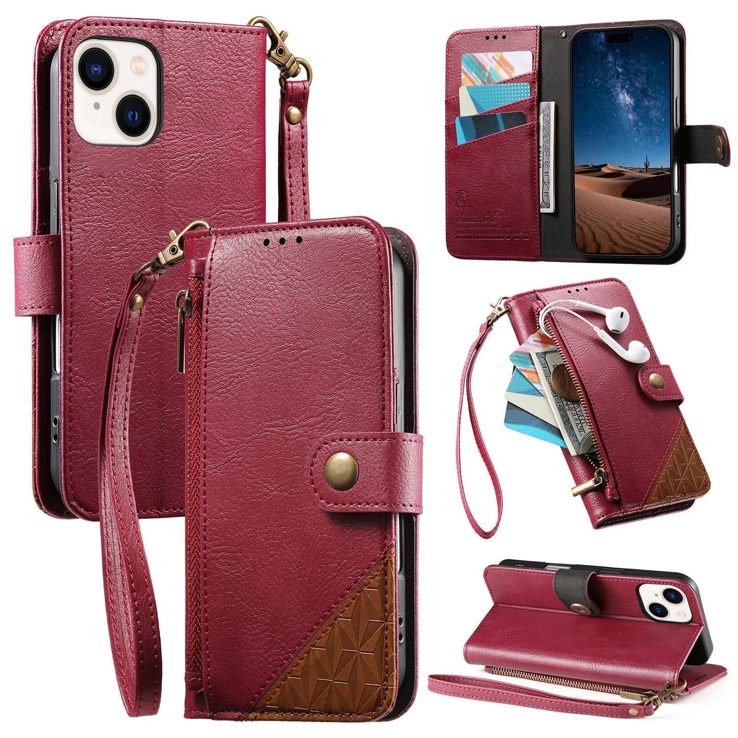 Color-Blocked Shockproof Premium Wallet Leather Phone Case for iPhone 13