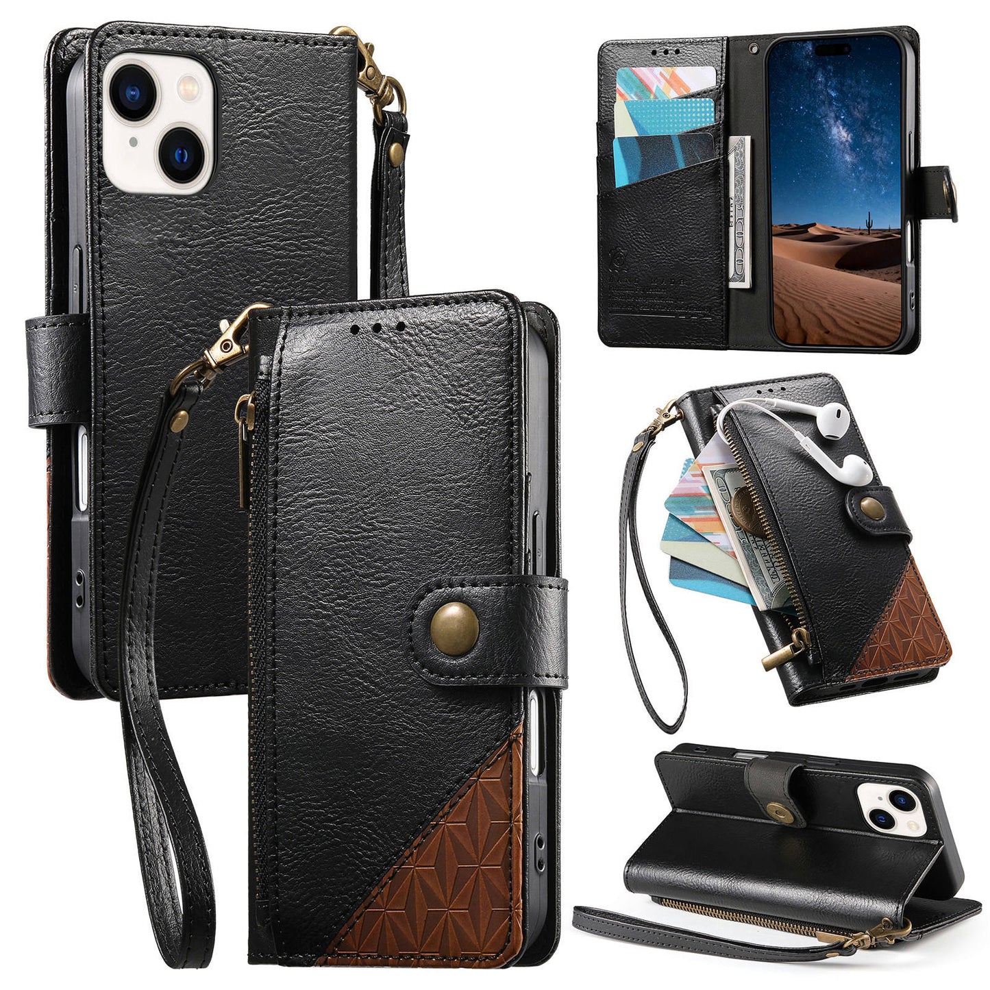 Color-Blocked Shockproof Premium Wallet Leather Phone Case for iPhone 14