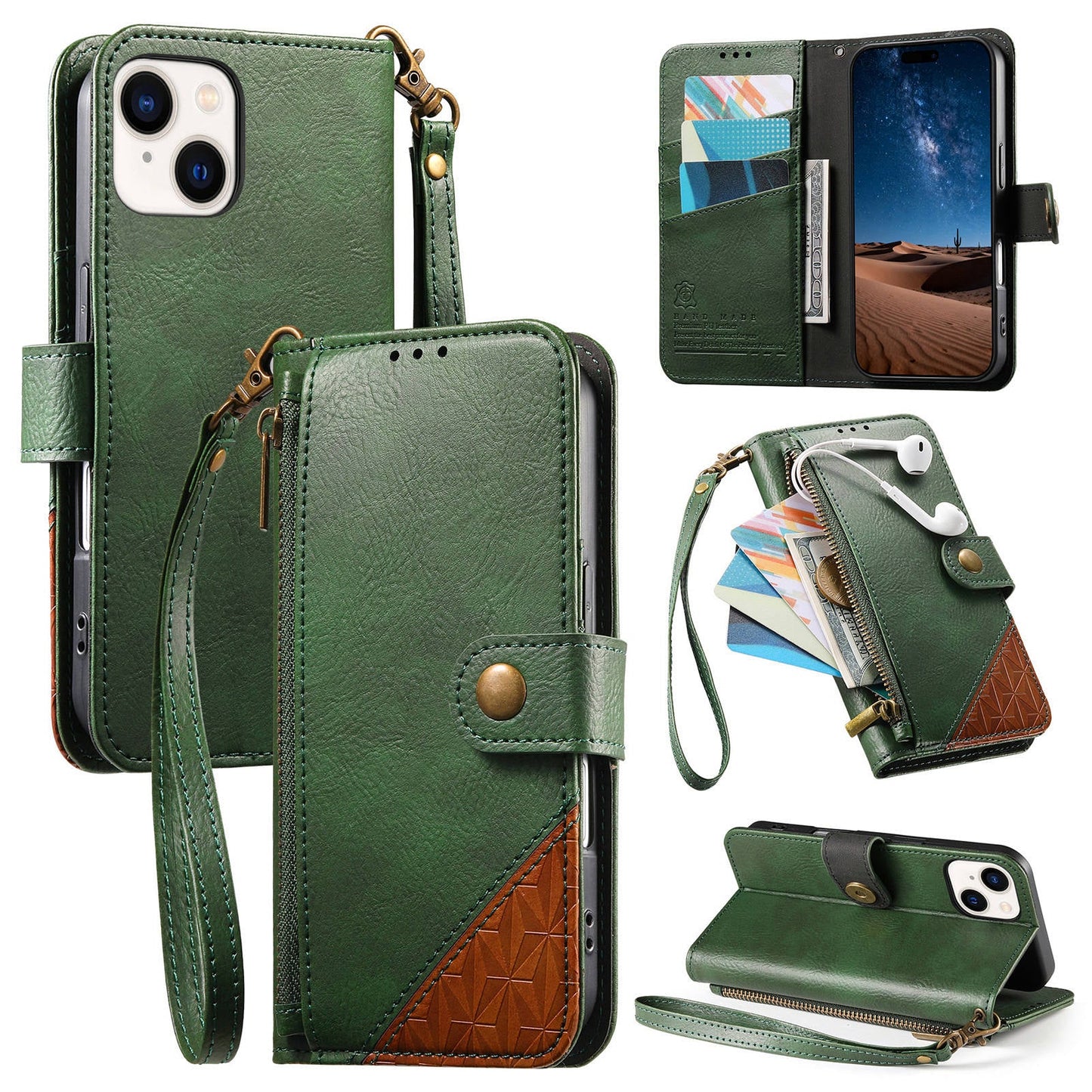 Color-Blocked Shockproof Premium Wallet Leather Phone Case for iPhone 13 Mini