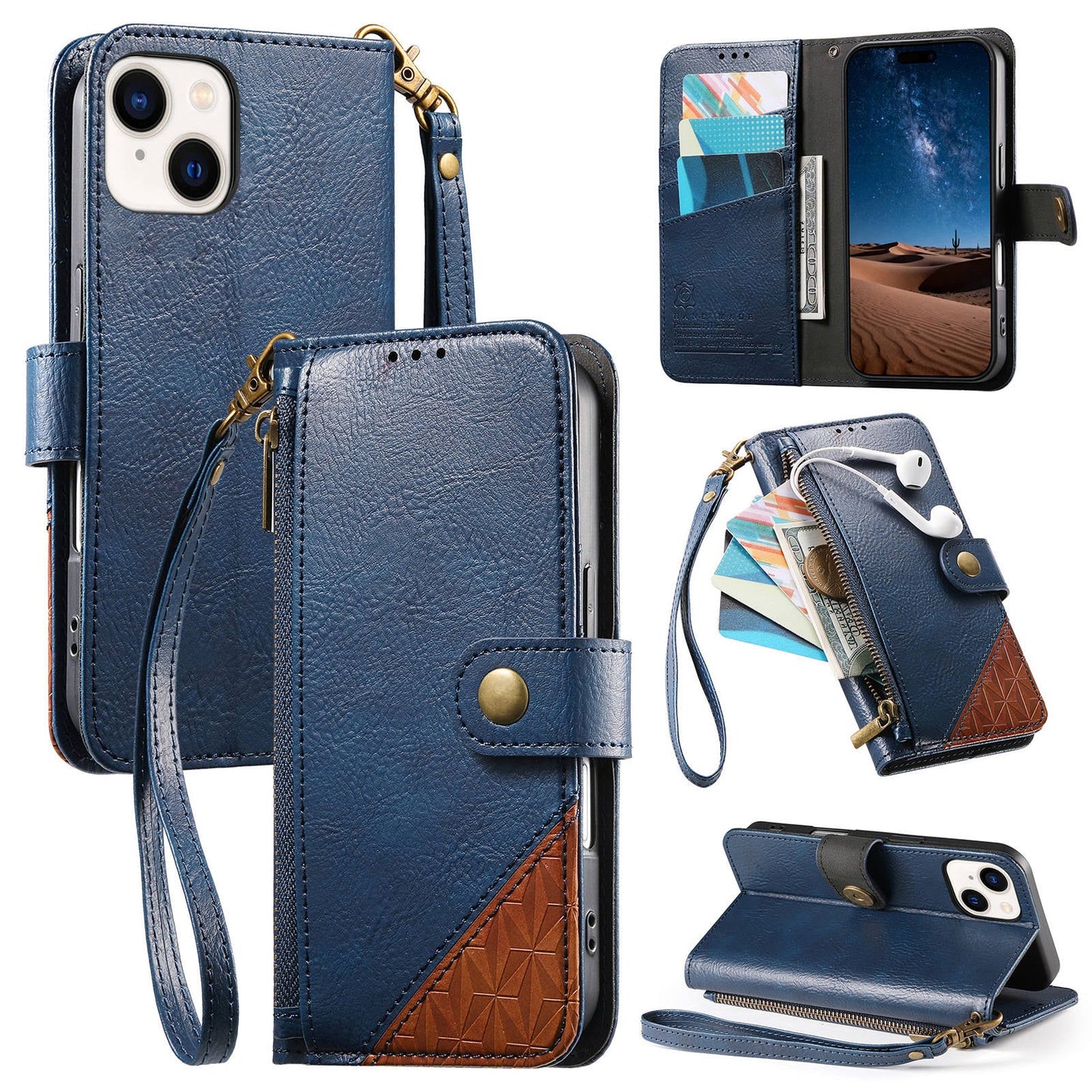 Color-Blocked Shockproof Premium Wallet Leather Phone Case for iPhone 13 Mini