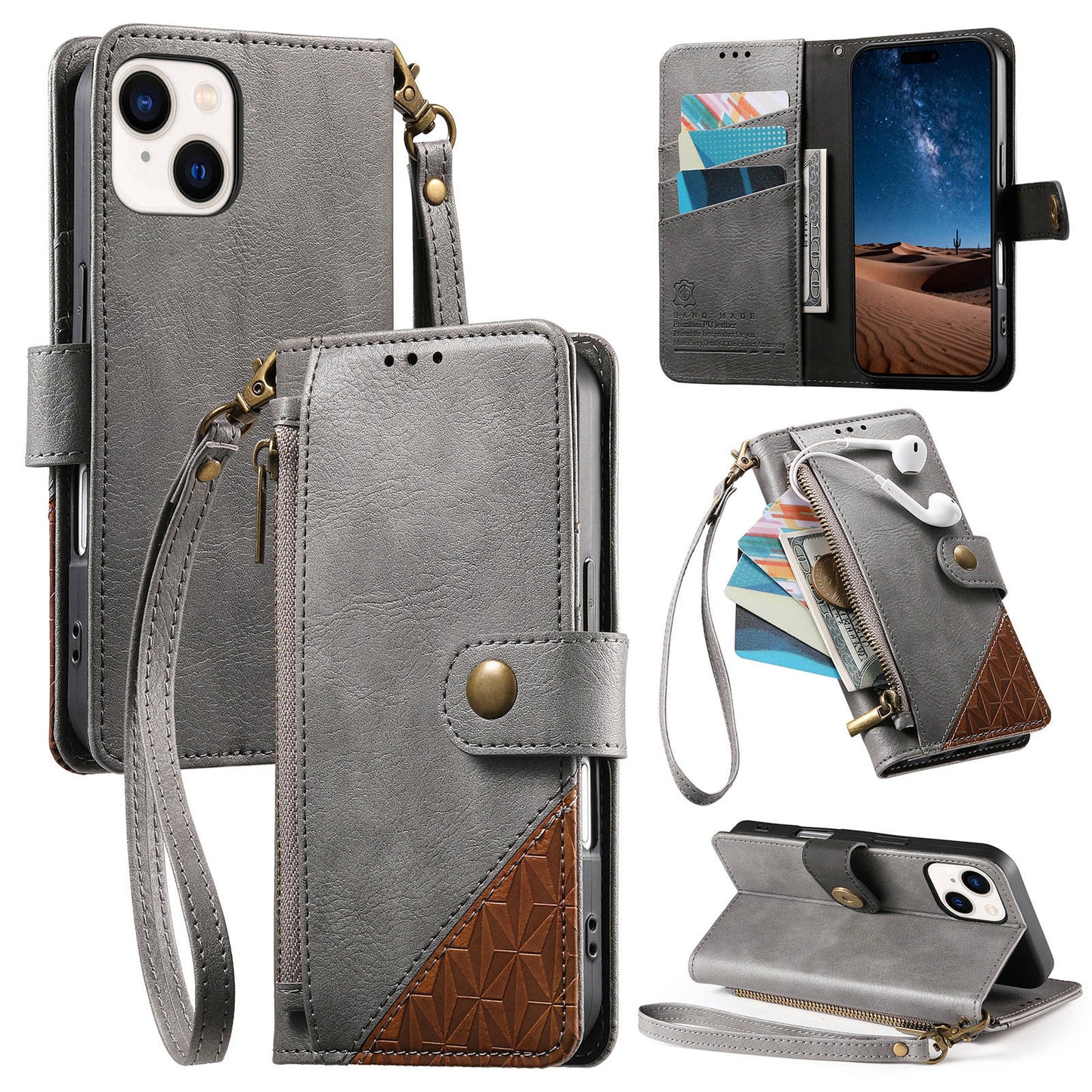 Color-Blocked Shockproof Premium Wallet Leather Phone Case for iPhone 14