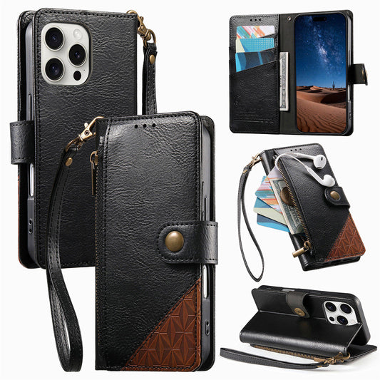 Color-Blocked Shockproof Premium Wallet Leather Phone Case for iPhone 16 Pro Max