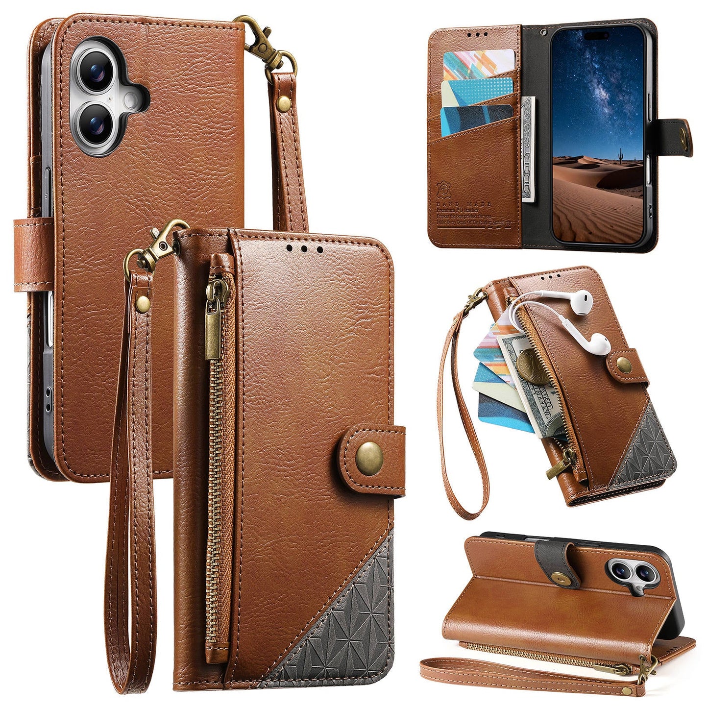 Color-Blocked Shockproof Premium Wallet Leather Phone Case for iPhone 16 Plus