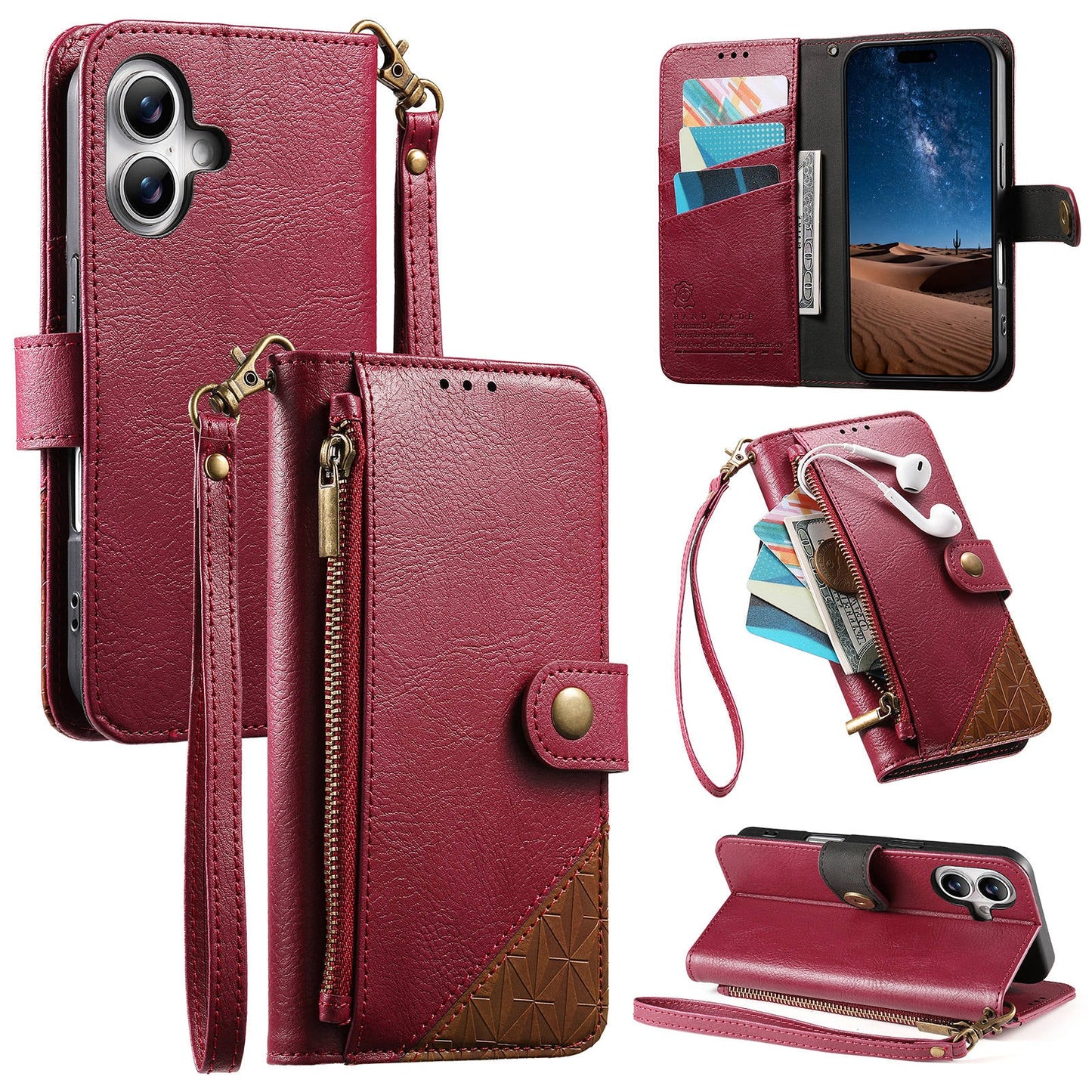 Color-Blocked Shockproof Premium Wallet Leather Phone Case for iPhone 16
