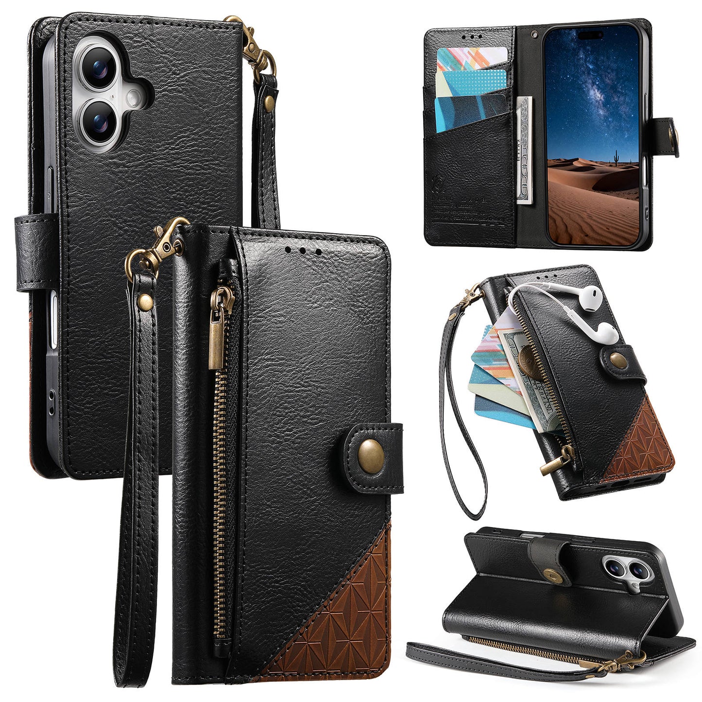 Color-Blocked Shockproof Premium Wallet Leather Phone Case for iPhone 16