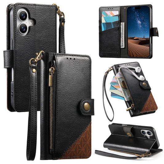 Color-Blocked Shockproof Premium Wallet Leather Phone Case for iPhone 16 Plus