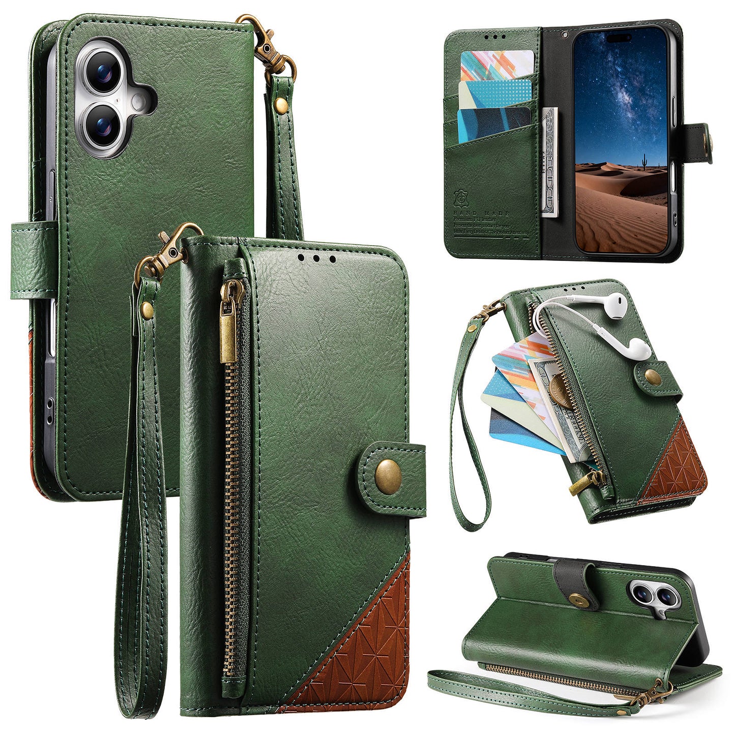 Color-Blocked Shockproof Premium Wallet Leather Phone Case for iPhone 17