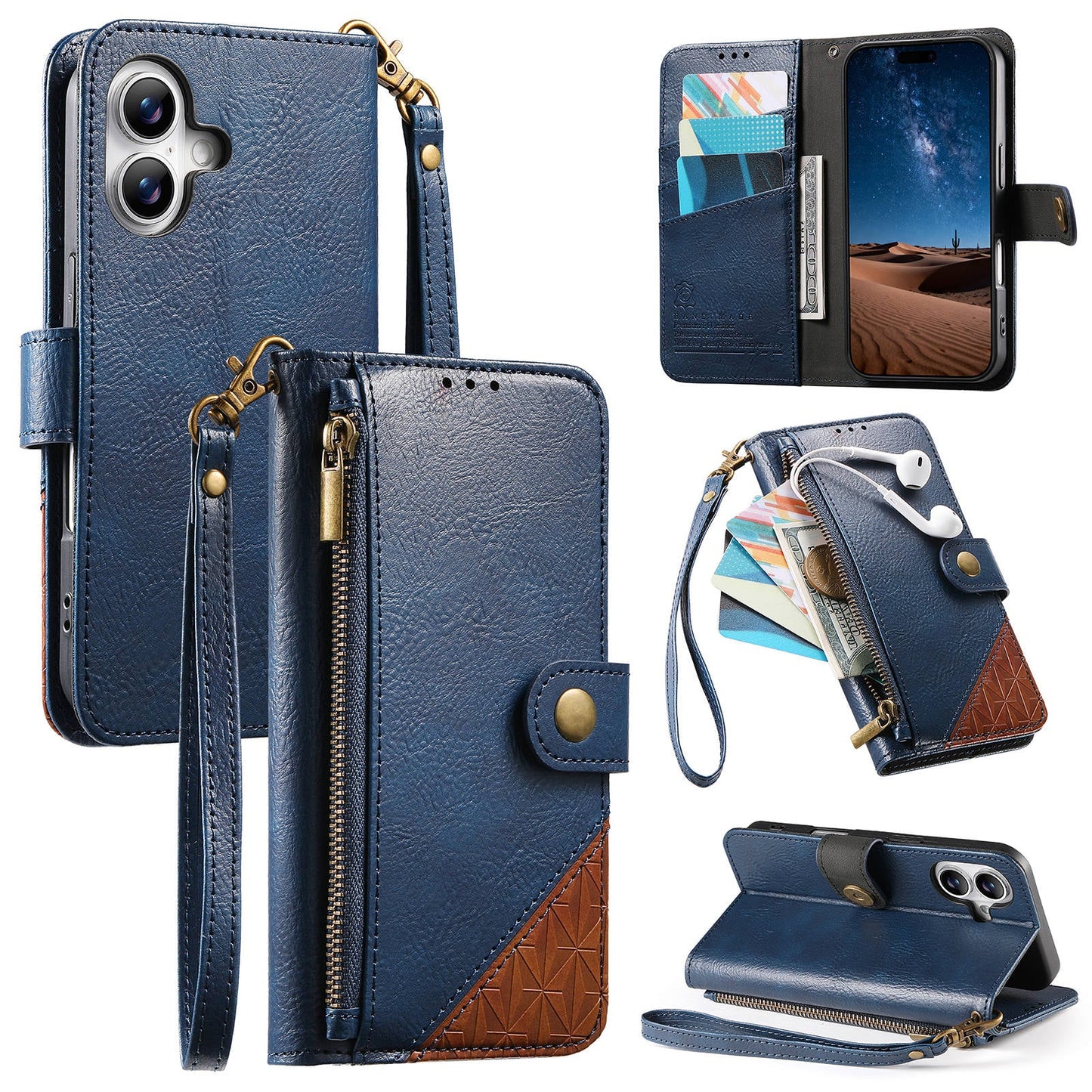 Color-Blocked Shockproof Premium Wallet Leather Phone Case for iPhone 16 Plus