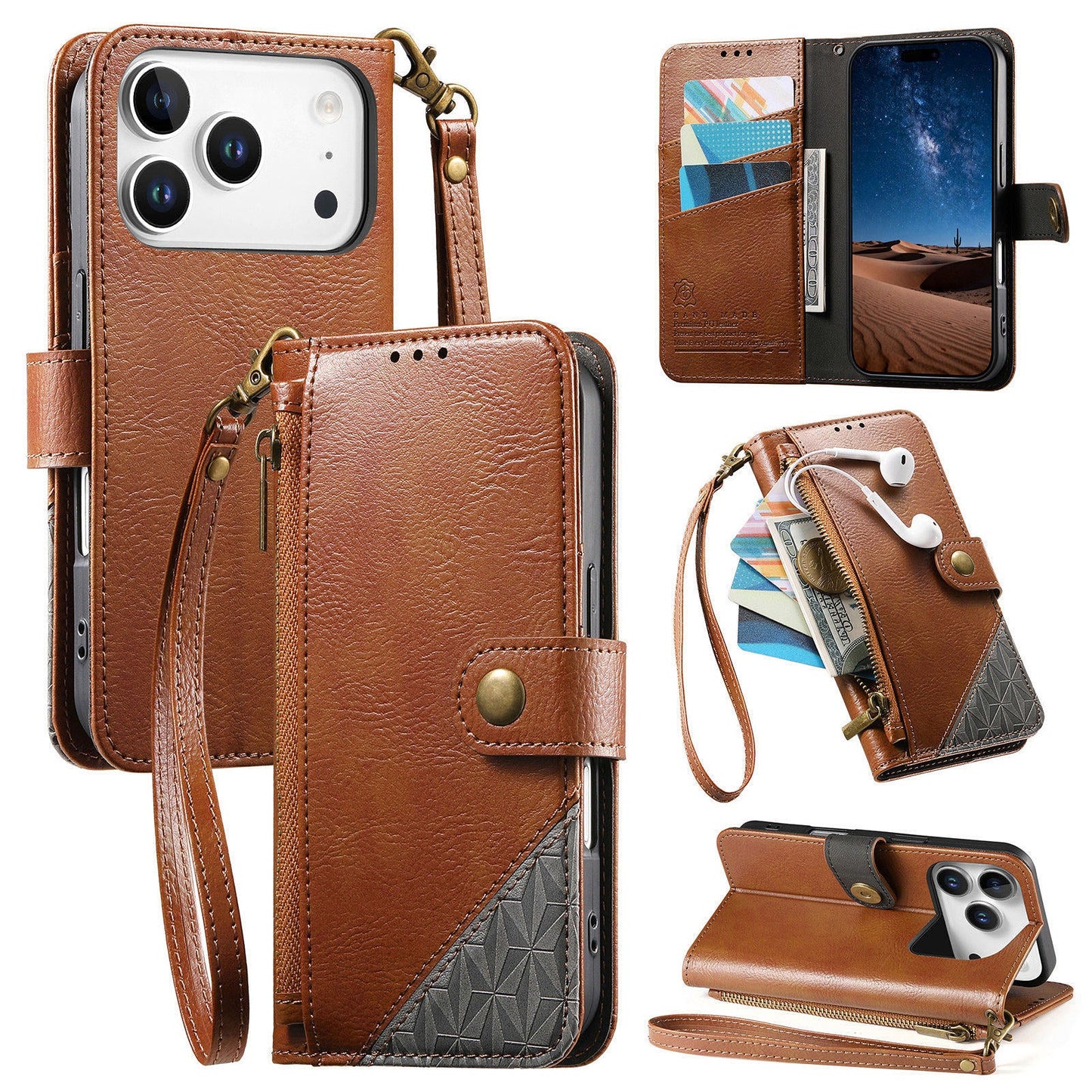 Color-Blocked Shockproof Premium Wallet Leather Phone Case for iPhone 17 Pro