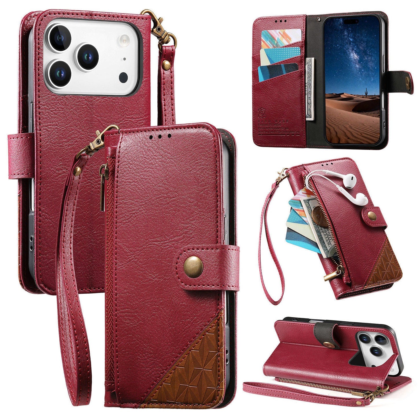 Color-Blocked Shockproof Premium Wallet Leather Phone Case for iPhone 17 Pro