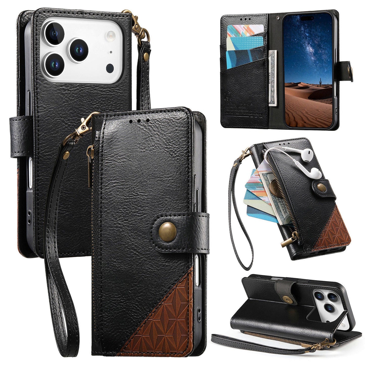 Color-Blocked Shockproof Premium Wallet Leather Phone Case for iPhone 17 Pro Max