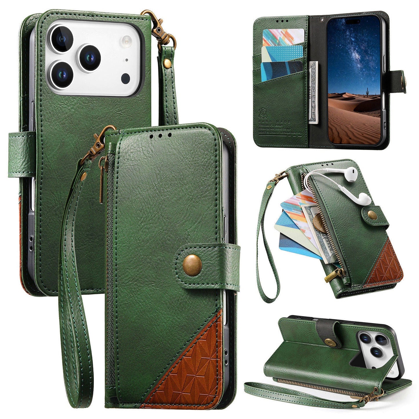 Color-Blocked Shockproof Premium Wallet Leather Phone Case for iPhone 17 Pro Max