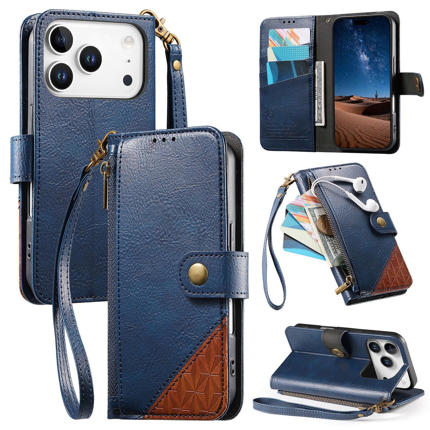 Color-Blocked Shockproof Premium Wallet Leather Phone Case for iPhone 17 Pro Max